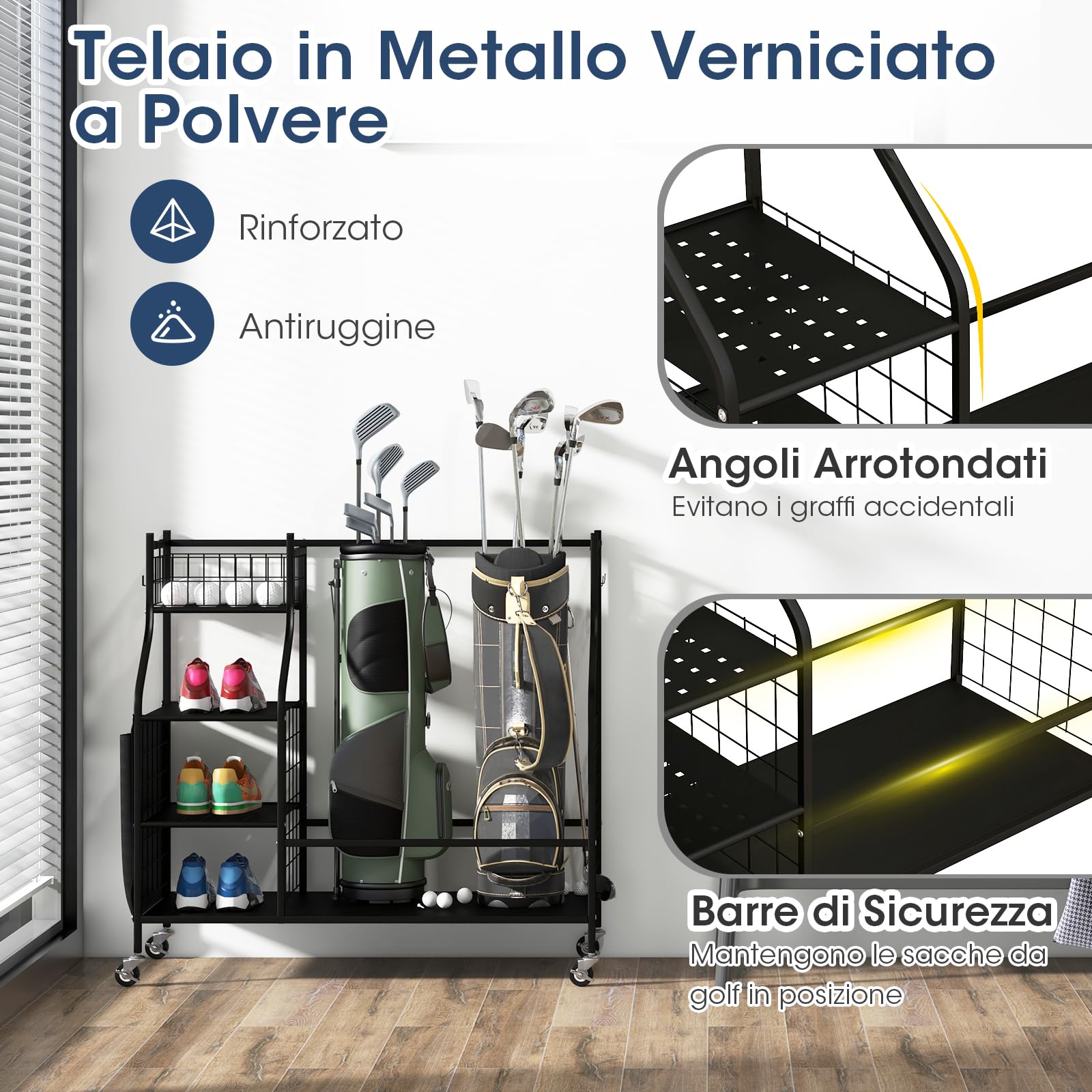 GYMAX Organizzatore per Sacche da Golf, con Ruote Bloccabili per 2 Sacche da Golf e 8 Mazze da Golf, 1 Cesto, 3 Ripiani e 4 Ganci per Attrezzature e Accessori da Golf