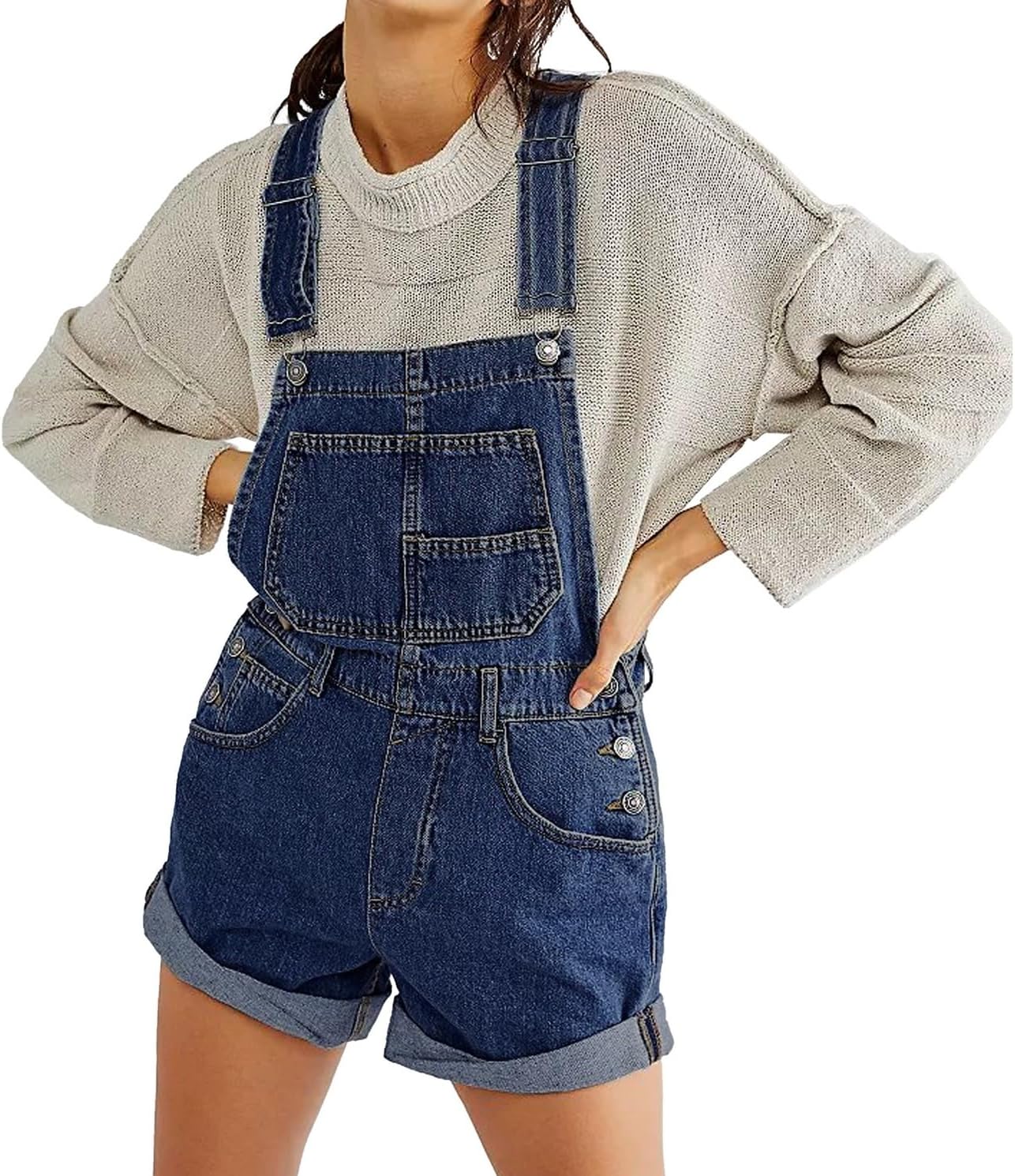 Women's Casual Denim Bib Overall Shorts Adjustable Straps Cuffed Hem Shortall Rompers - Image 2