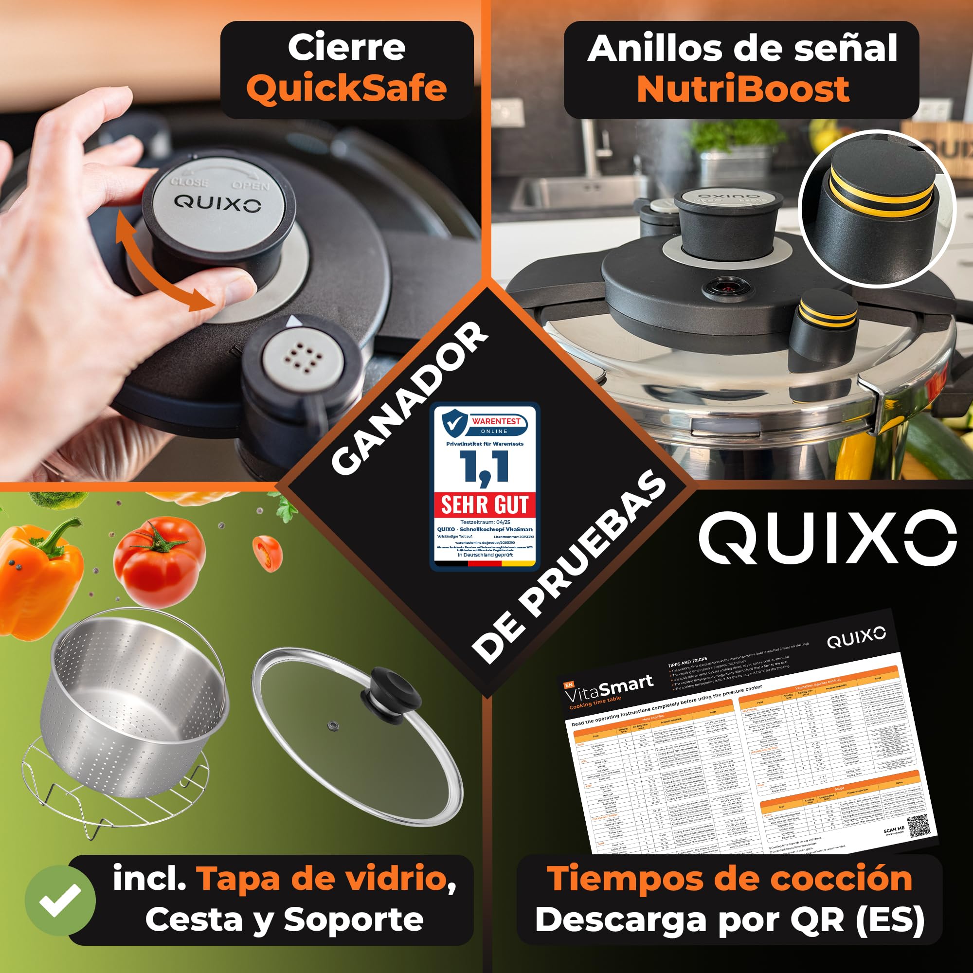 QUIXO Olla express 6l Pressure cooker Inducción (6L Set + Tapa vidrio) | Cierre QuickSafe con señal de cocción