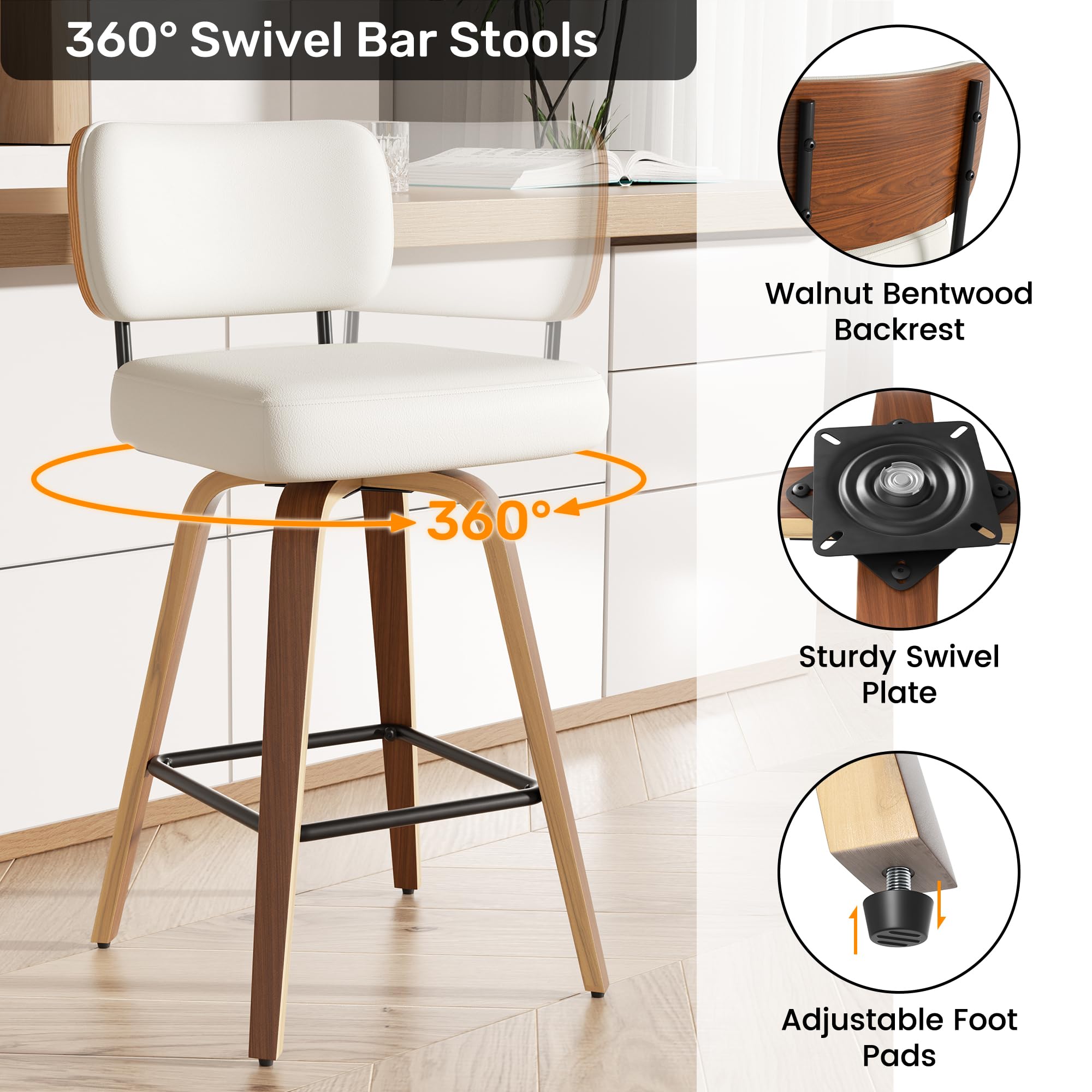 Swivel Bar Stools Set of 2, 26" Upholstered Faux Leather Counter Height Barstools with Walnut Back & Bentwood Legs, Mid Century Modern Bar Chairs Island Stools for Kitchen Counter, Beige - 5
