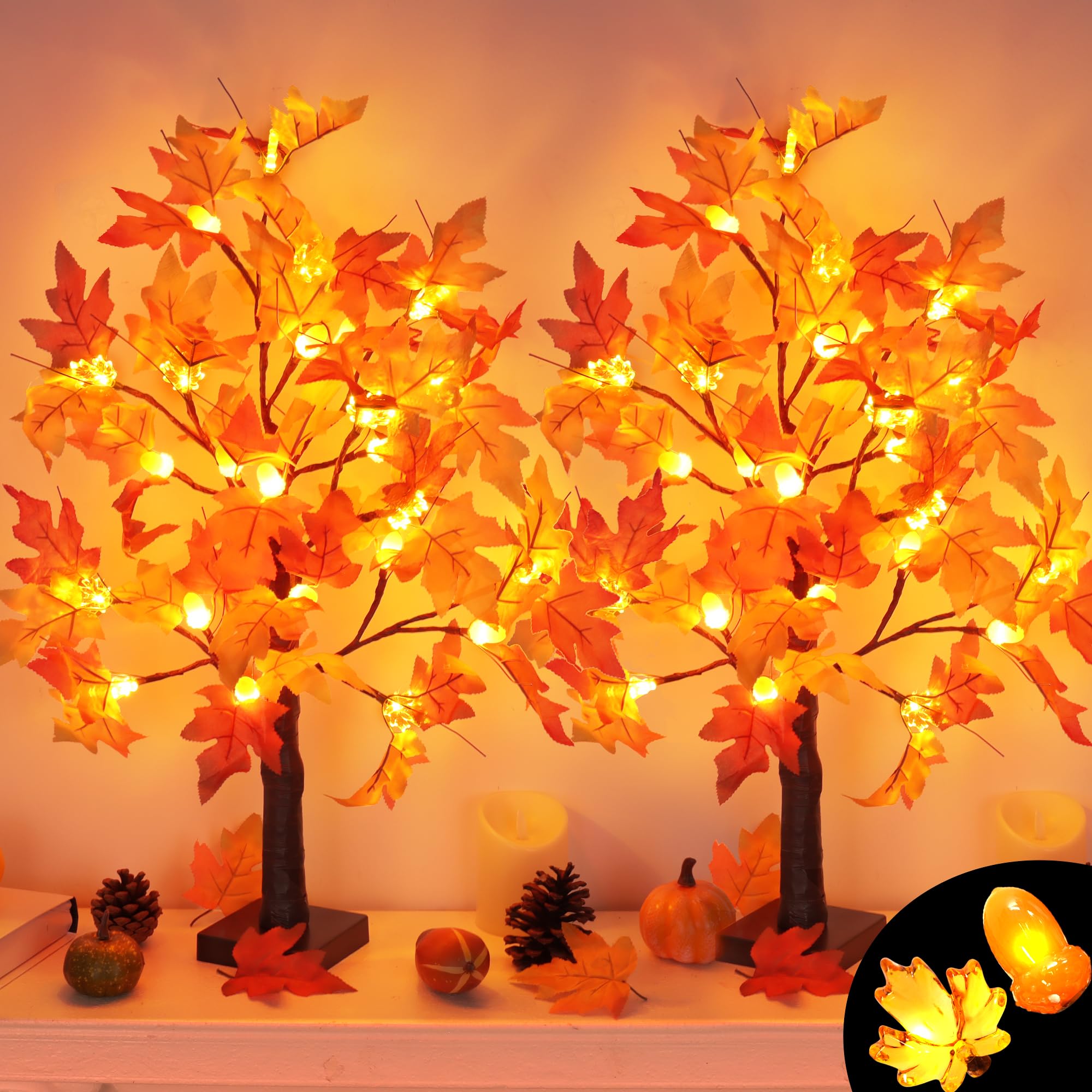 Fall Decor 2 Pack 24 Inch Lighted Maple Tree with 48 LED & Timer, Battery Operated Artifi…