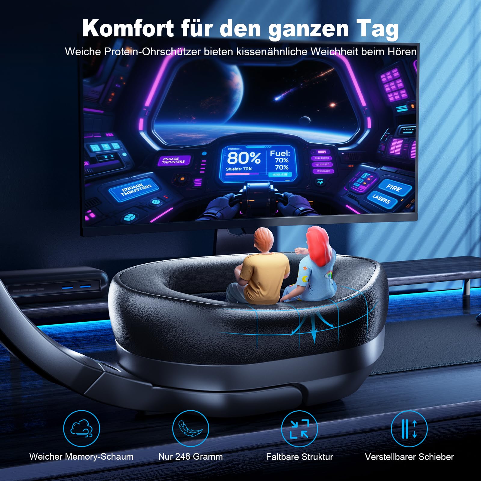 Fachixy FC200 Wireless Gaming Headset, 2.4GHz Bluetooth 5.4 Headset mit Mikrofon für PS5, PS4, PC, Switch, Gaming Kopfhörer Kabellos, Geringe Latenz Noise Cancelling, mit LED Licht, 50H Akkulaufzeit