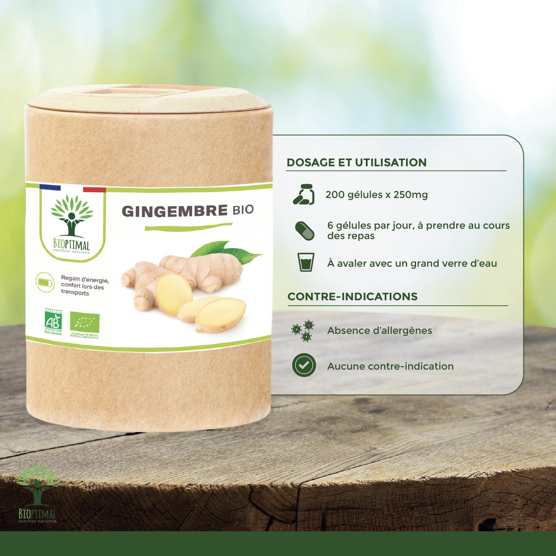 Gingembre Bio - Bioptimal - Complément alimentaire - Energie Mal des transports Digestion Sexualité - Poudre de Racine - 270 mg par Gélule - Fabriqué en France - Certifié par Ecocert - 200 gélules