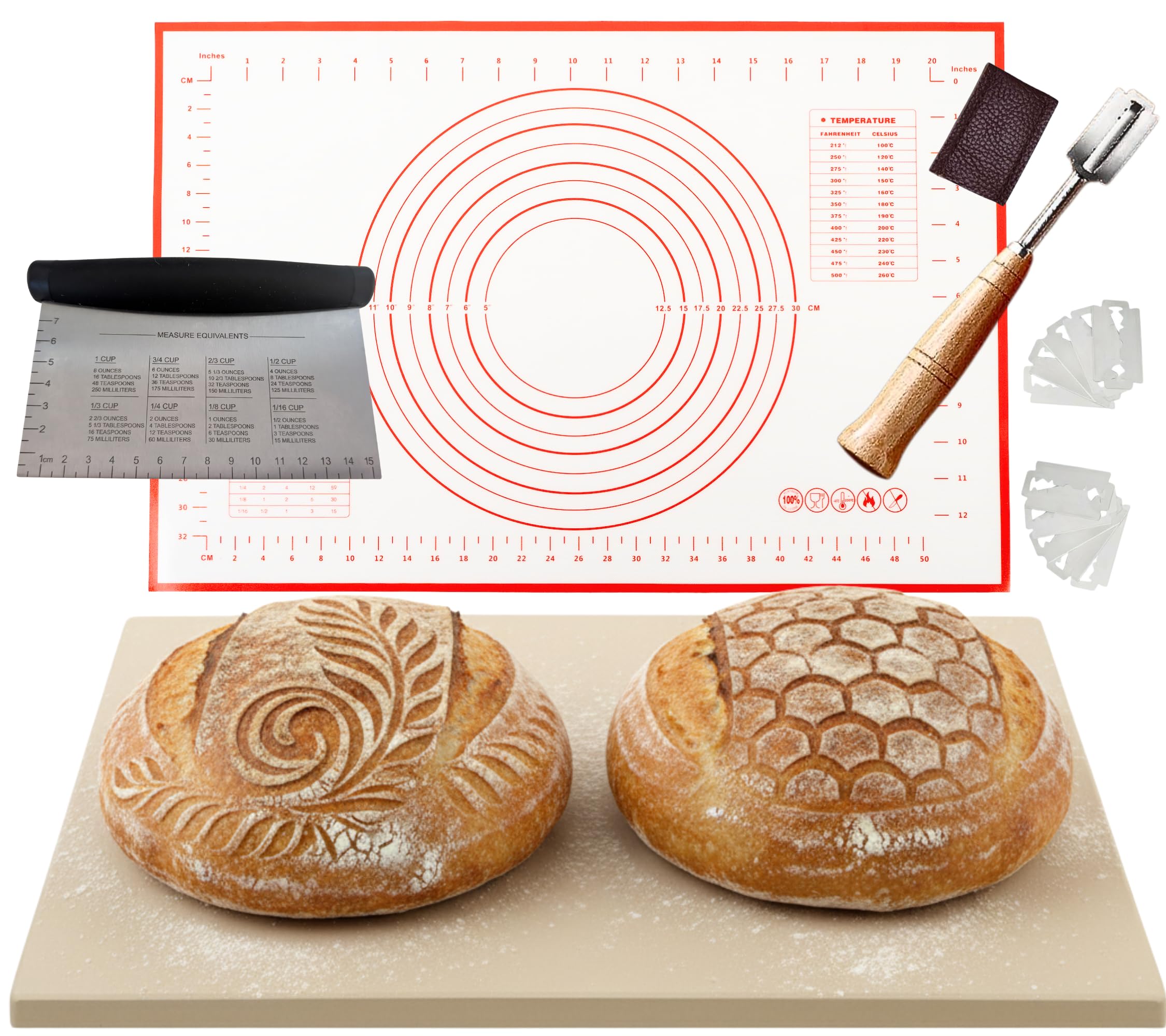 20 inch Baking Stone for Bread, with Stainless Steel Scraper/Dough Tool, Bread Lame for Dough Scoring Knife, and Baking Mat - Baking Stone for Oven - 20" x 13.5" Rectangular Heavy Duty Oven Stone