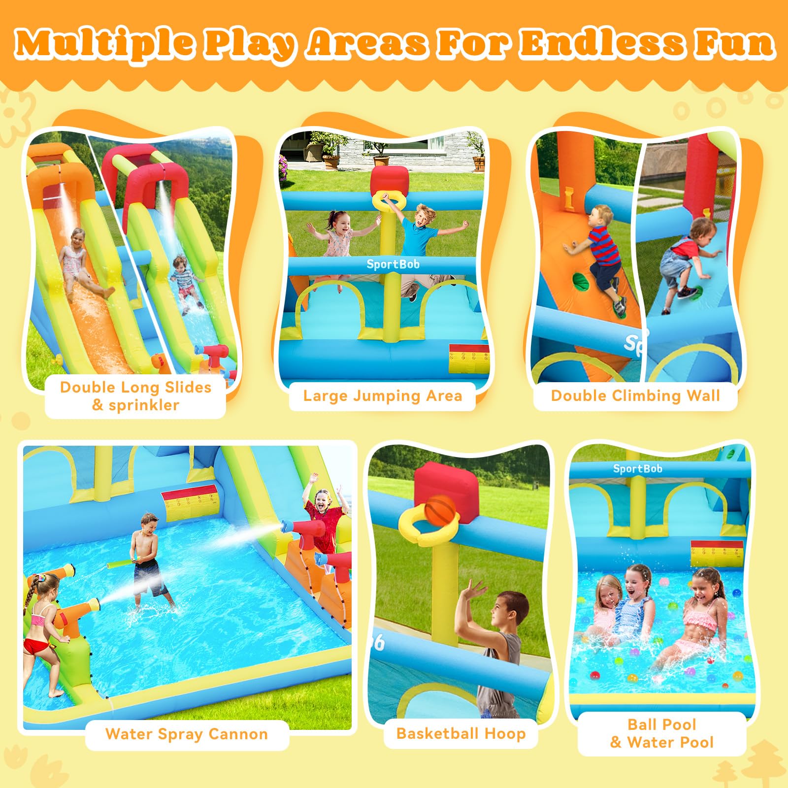 Castello Gonfiabile Grande con Acquatico Scivolo per Bambini, 452x416x210cm | con Piscina, 4 Cannoni Spruzzatori d'acqua, 2 Pareti Arrampicata, Trampolino, Canestro da Basket per Interno Giardino Esterno