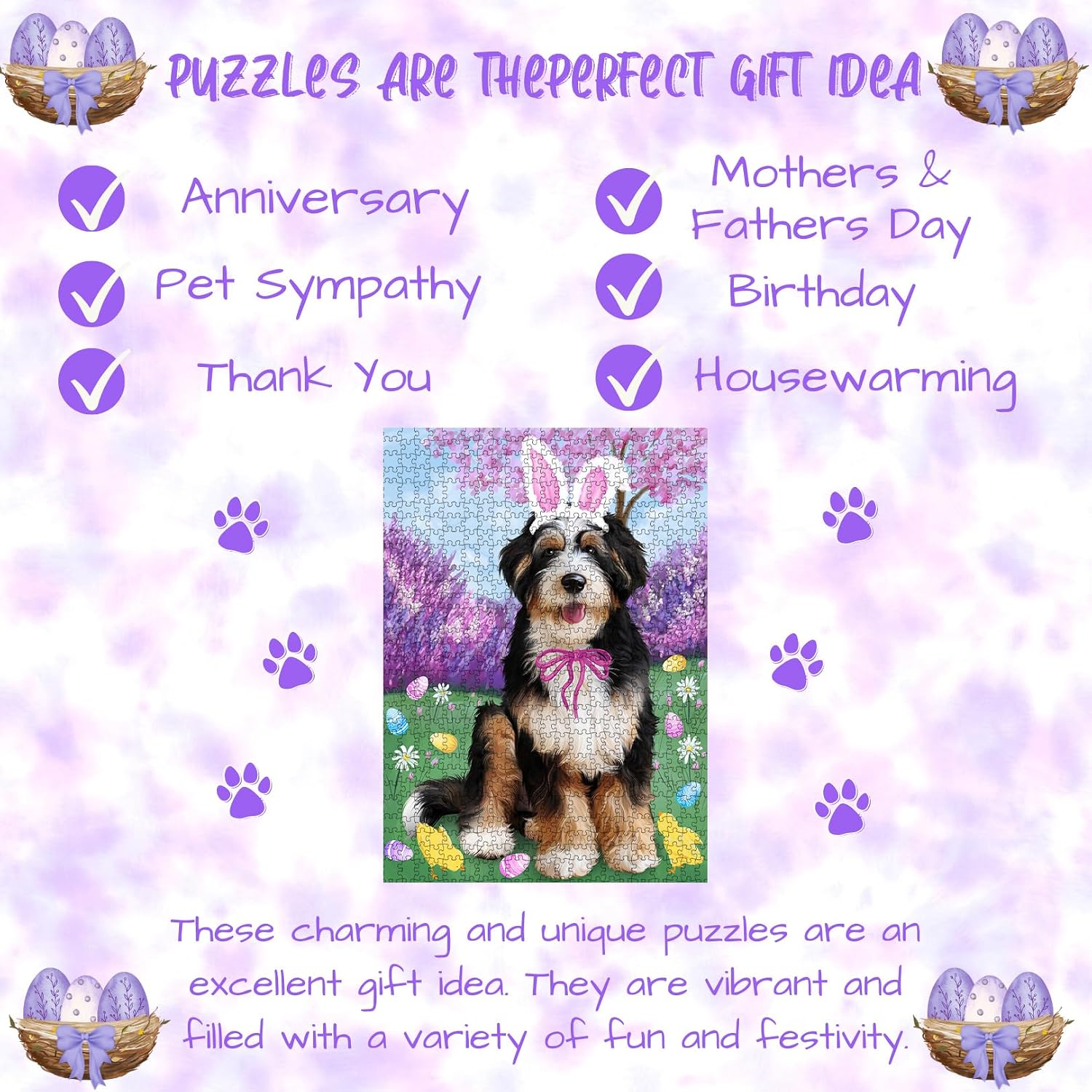 Easter Holiday Bernedoodle Dog Jigsaw Puzzle for Adults - Animal Printed Interlocking Puzzle Game Artwork - Gift for Dog Lover's - 300 Pcs 14"x20"