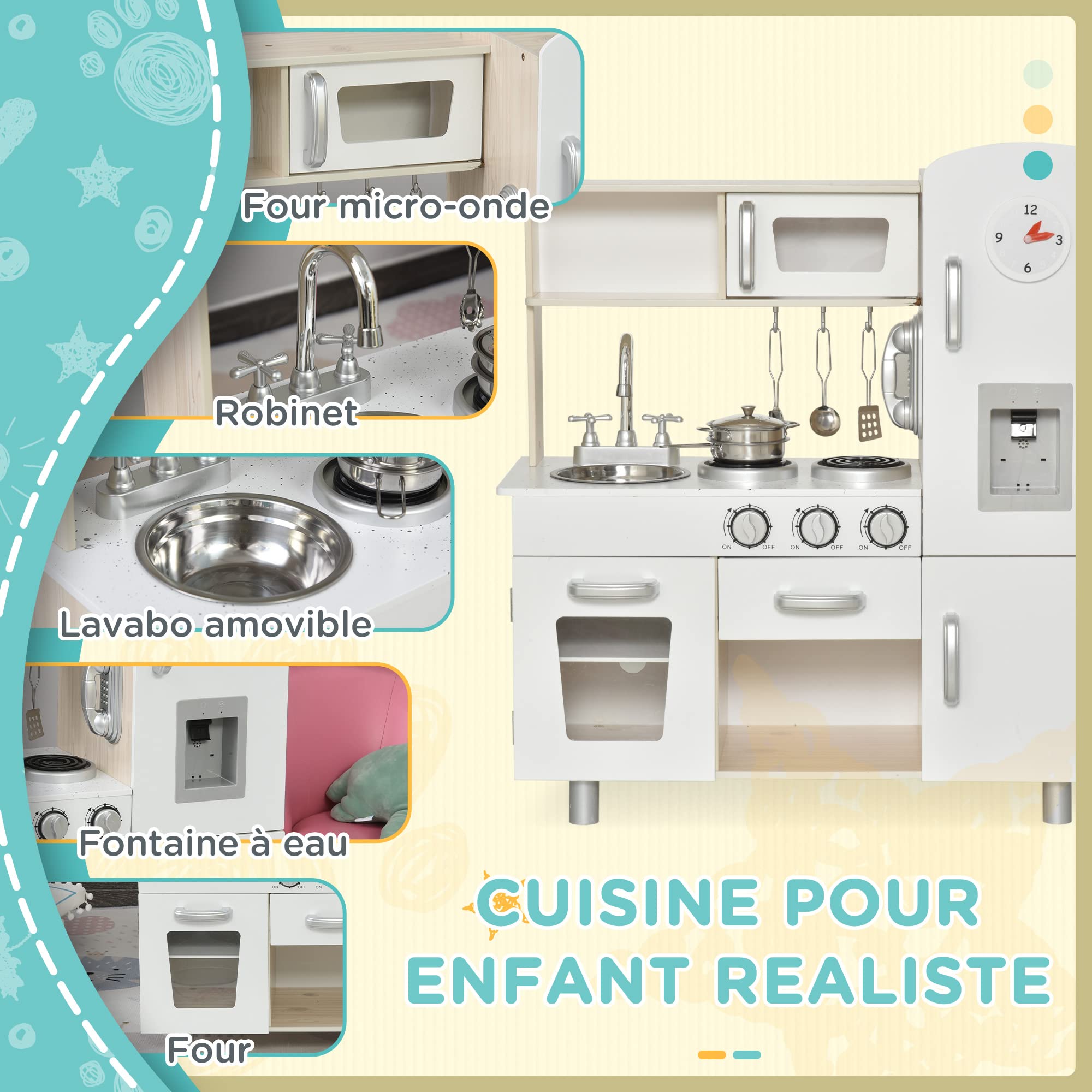 HOMCOM Cuisine Bois Jeu d'imitation Cuisine Enfant Blanc chêne Clair