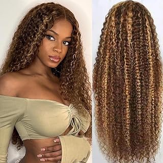 Ombre Highlighted 13x6 HD Lace Frontal Wig Human Hair Deep Wave 180% Density Lace Front Wigs Human Hair Perruque Femme Humain Naturel 22 Inches Mocha Blonde