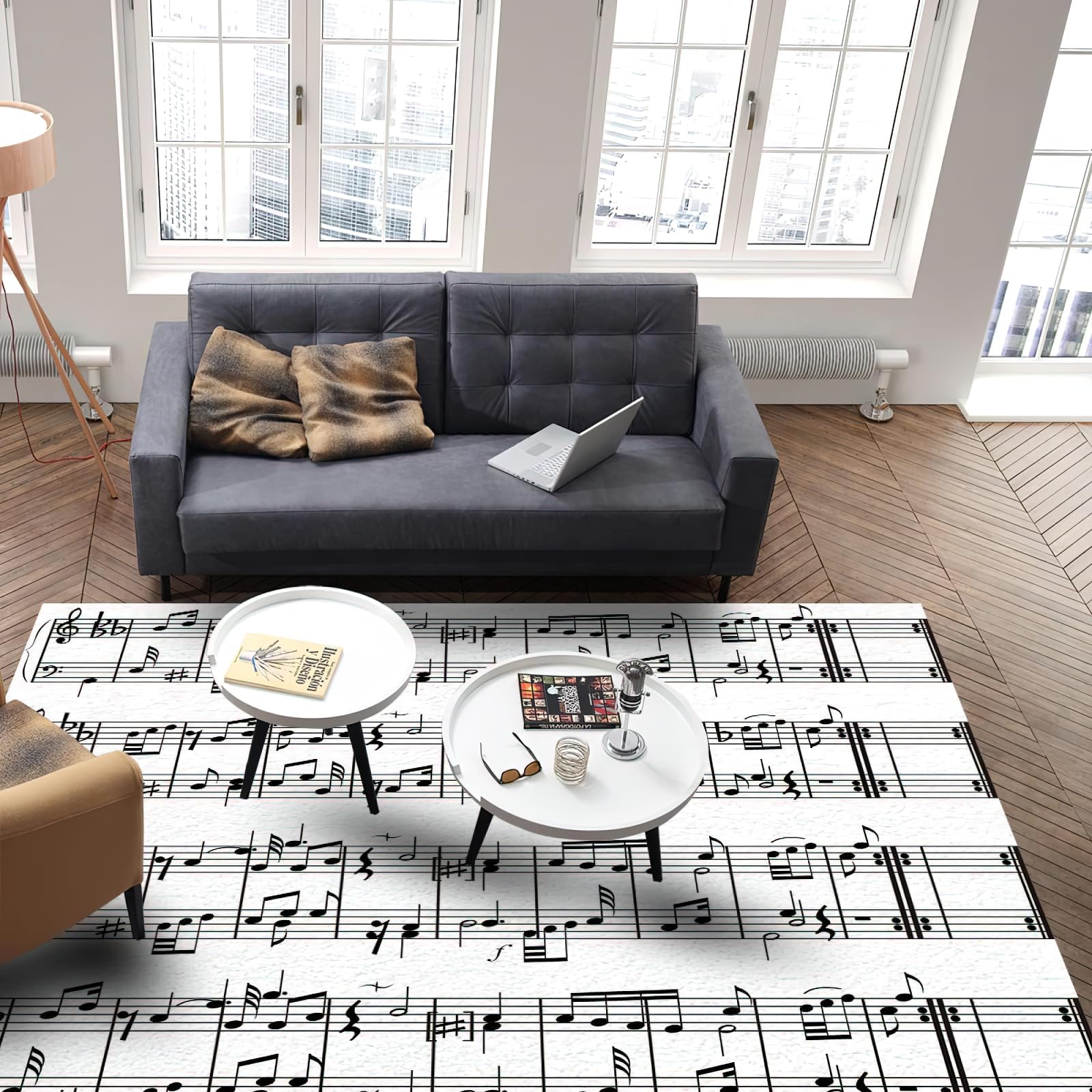 Alfombra de notas musicales en blanco y negro, alfombra suave con partitura de piano para sala de estar, dormitorio, comedor, oficina en casa, alfombras suaves, 140 x 200 cm