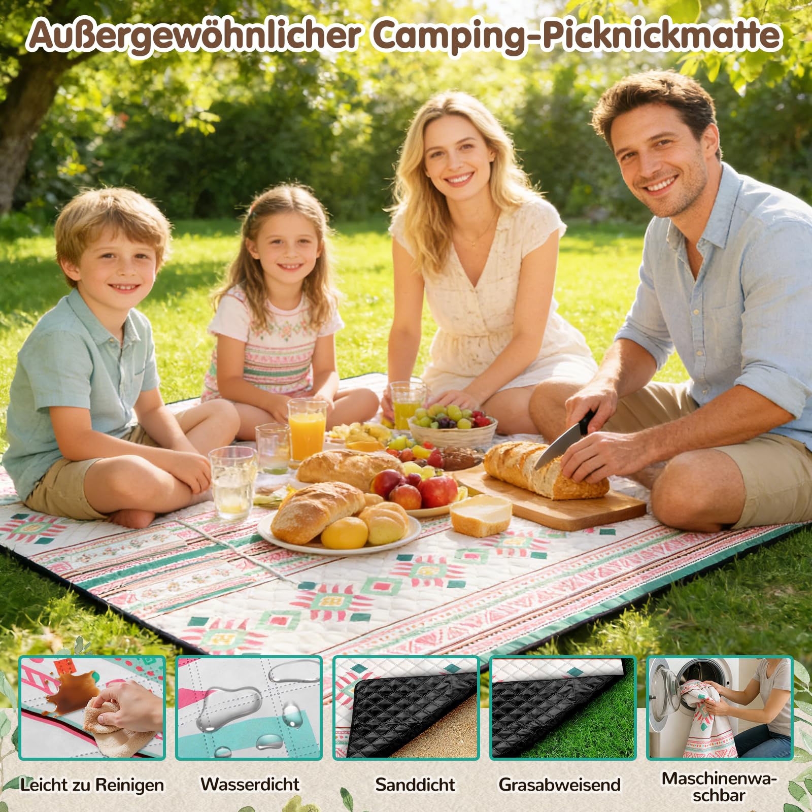 Ulikey Coperta da Picnic, 200 x 200 cm Boho Coperta Picnic Impermeabile, Tappetino da Spiaggia Portatile Isolata, Tappeto da Picnic lavabile per Esterni, Campeggio, Spiaggia, Parco, Picnic (Rosa)