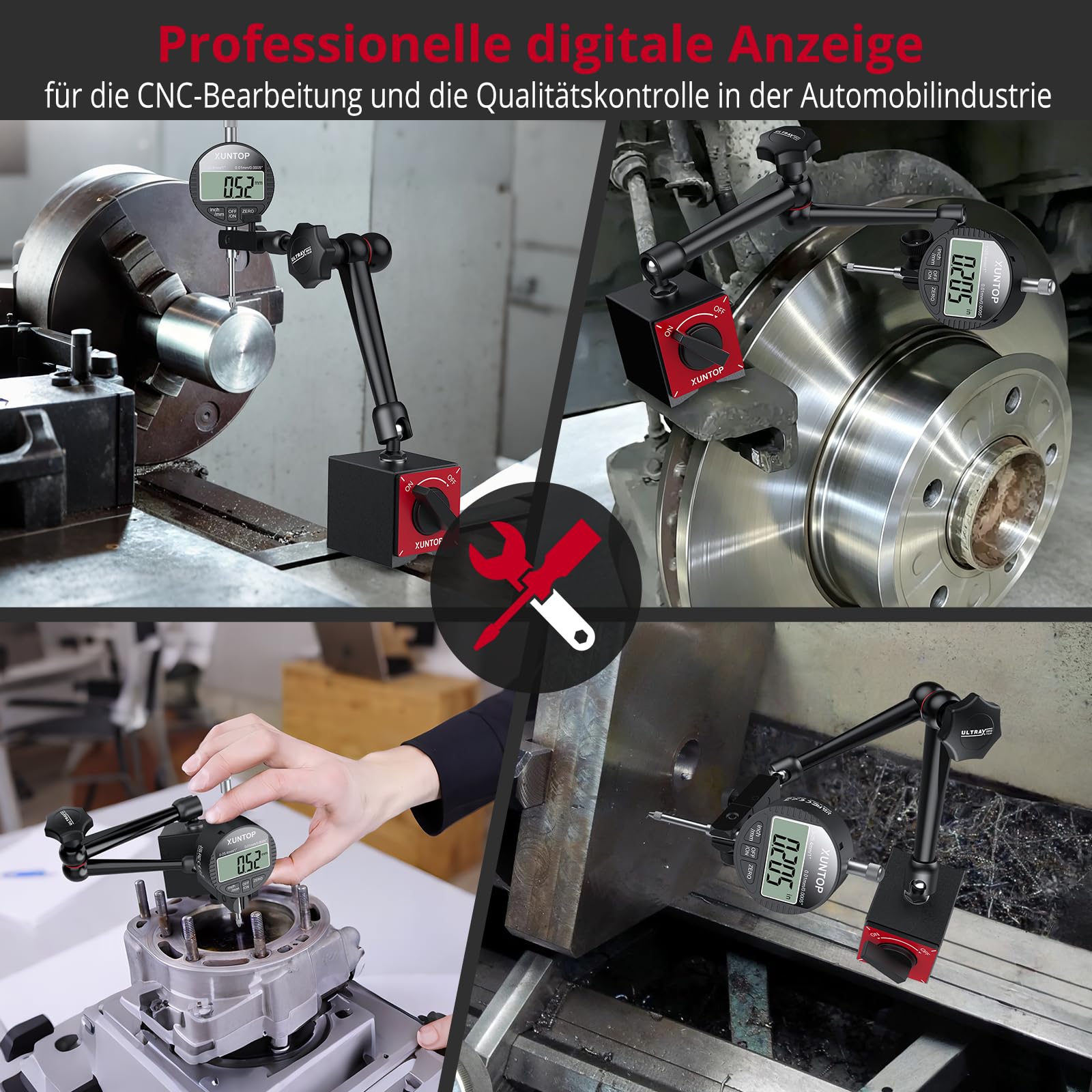 XUNTOP Digitale Messuhr Set 0–1 Zoll/25,4 mm mit Magnetfuß 176lbs (80 kg) Präzise digitale Messuhr Einheitenumrechnung Nullstellungsfunktion, LCD-Anzeige für Werkstatt & Maschinenjustierung