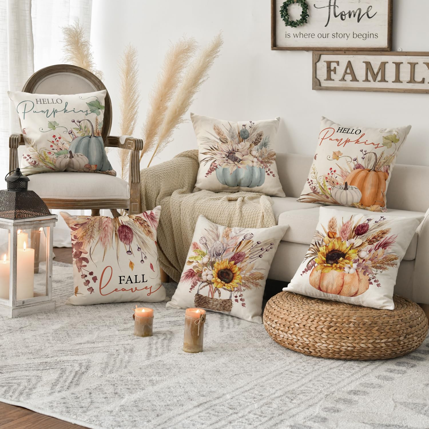 AVOIN colorlife Fall Pumpkin Wheat Cotton Jar Autumn Thanksgiving Throw Pillow Covers, 18 x 18 Inch Seasonal Cushion Case for Sofa Couch Set of 4