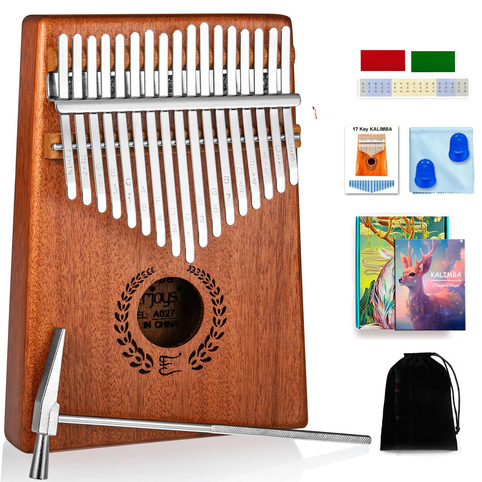 Everjoys Kalimba Thumb Piano 17 Keys, Professional Musical Instrument Finger Piano Marimbas with Portable Soft Cloth Bag, Fast to Learn Songbook, Tuning Hammer, All in One Kit