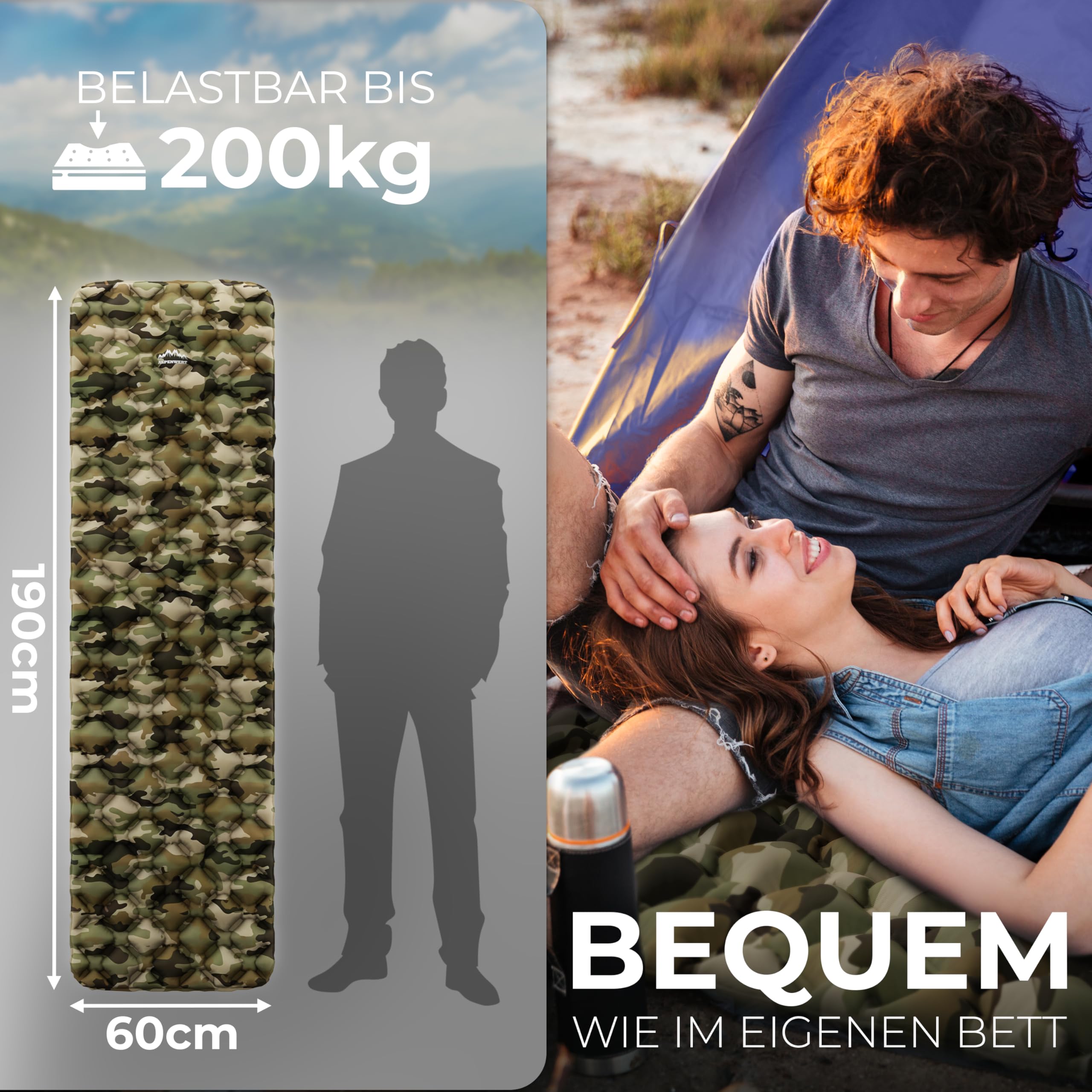 ALPENWERT® Isomatte Outdoor [Klein verpakkingsformaat & Ultralicht] Luchtmatras perfect voor kamperen, wandelen, backpacken en meer - Opblaasbare slaapmat (Groen