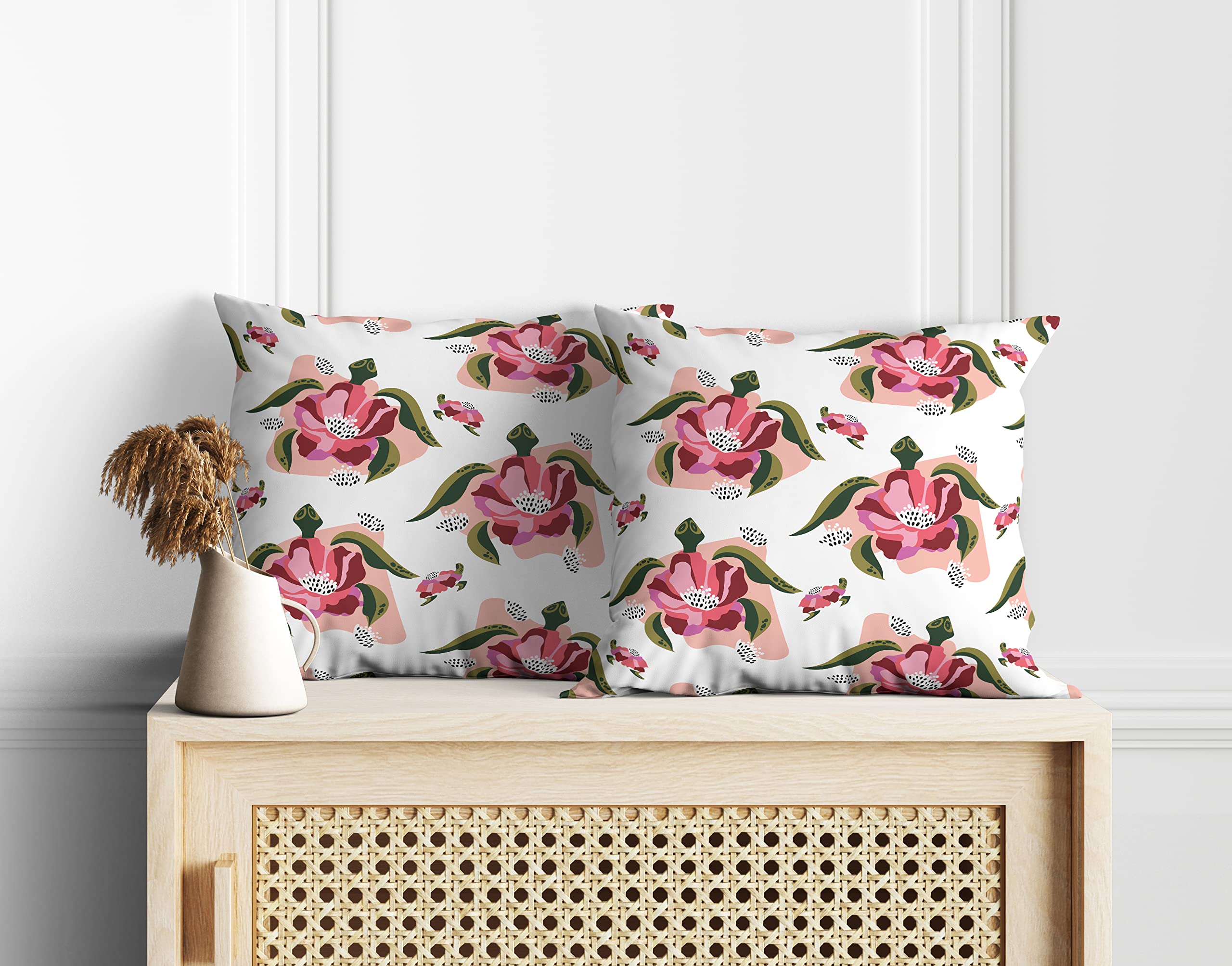 Astitva Pink Floral Print Cotton Cushion Cover with Zipper - Set of 2, 20 x 20 Inches - Soft & Luxurious Decorative Pillow Case