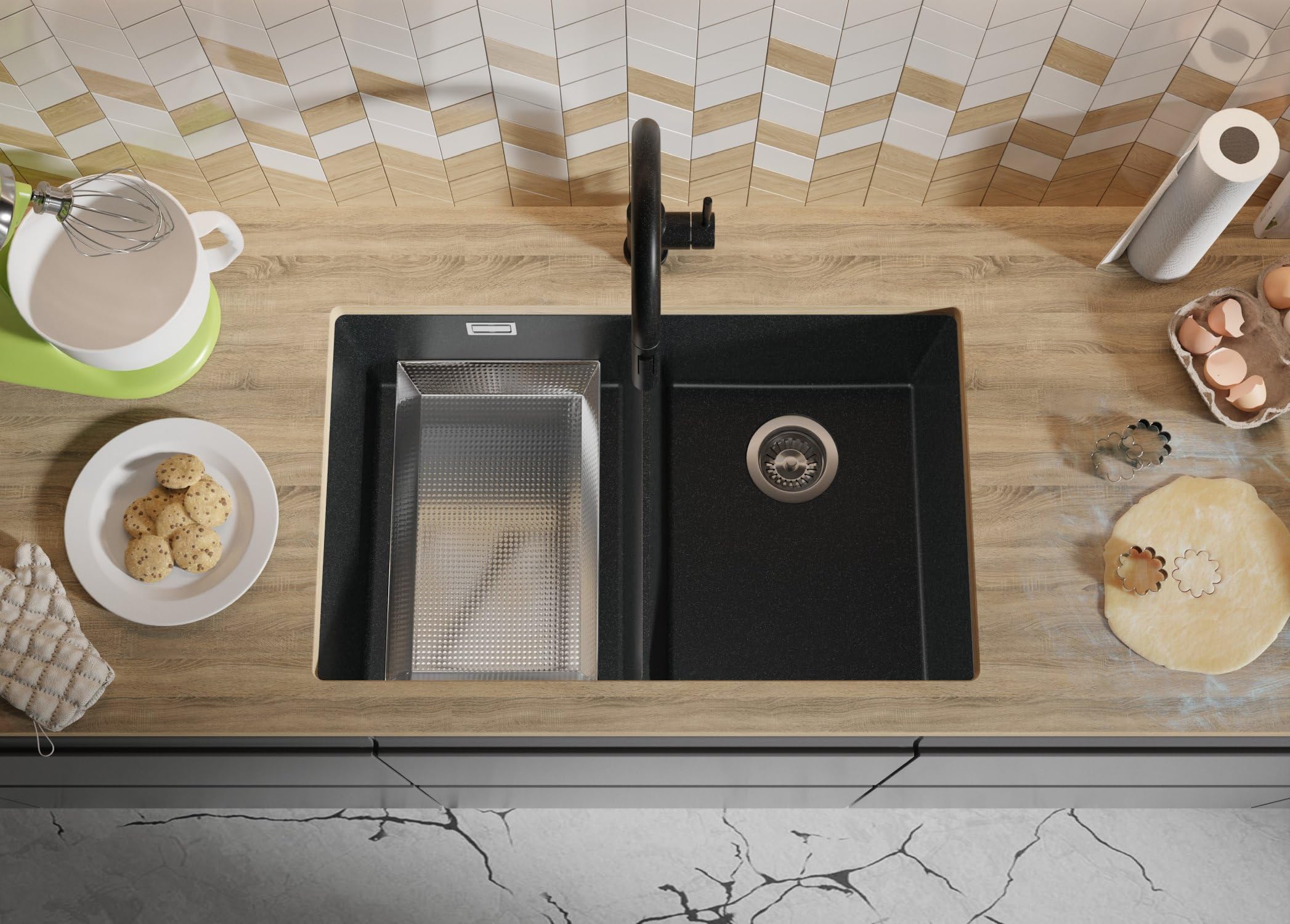 PRIMAGRAN Fregadero bajo Encimera Grafito - London Twin, 76x47cm | Cocina 2 Senos + Sifón, Granito al Mueble 80cm (S003)