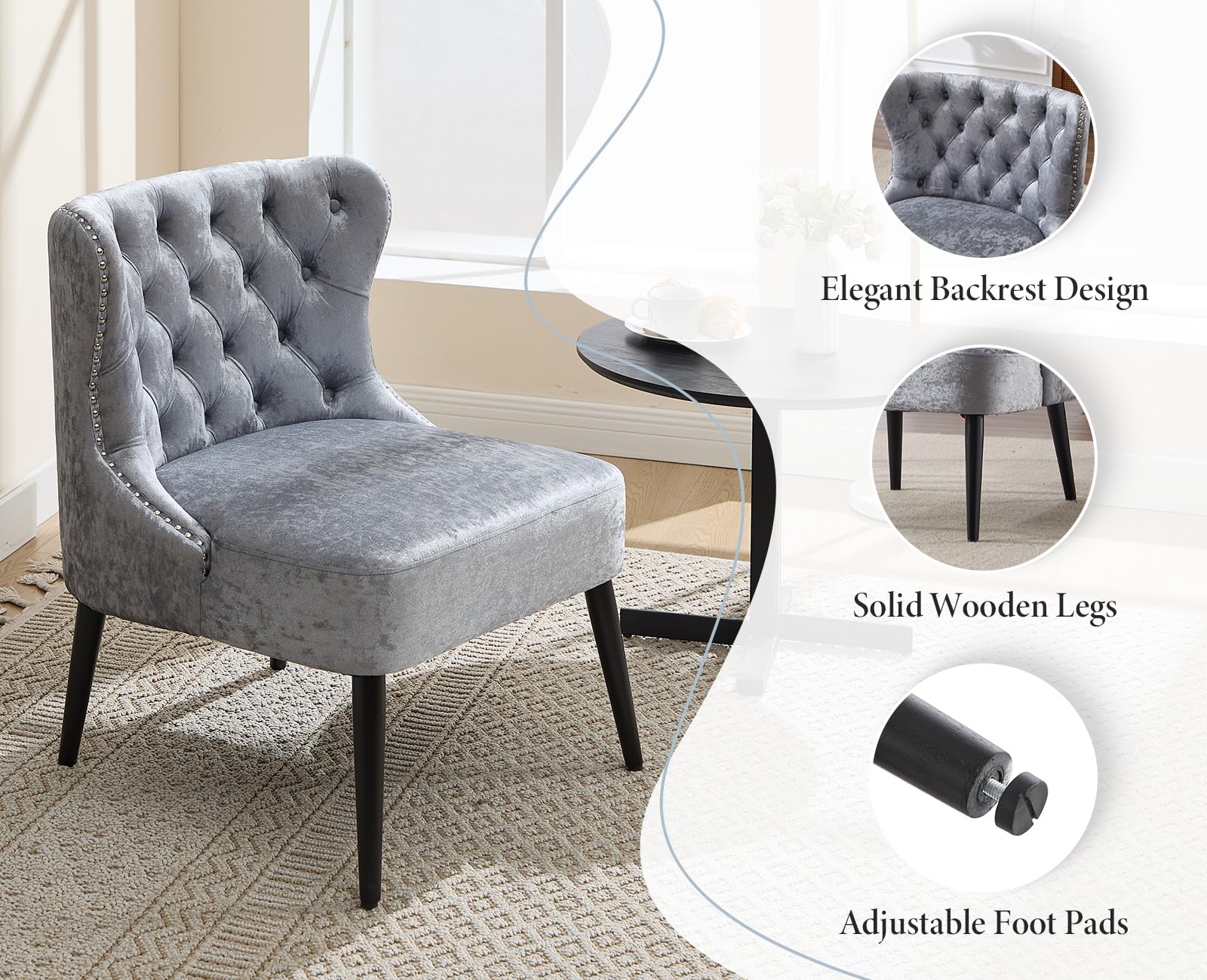 Fauteuil Crapaud En Velours Avec Pieds En Bois Massif - 79x66x59cm, Couleur Noir, Capacité 300 Lbs