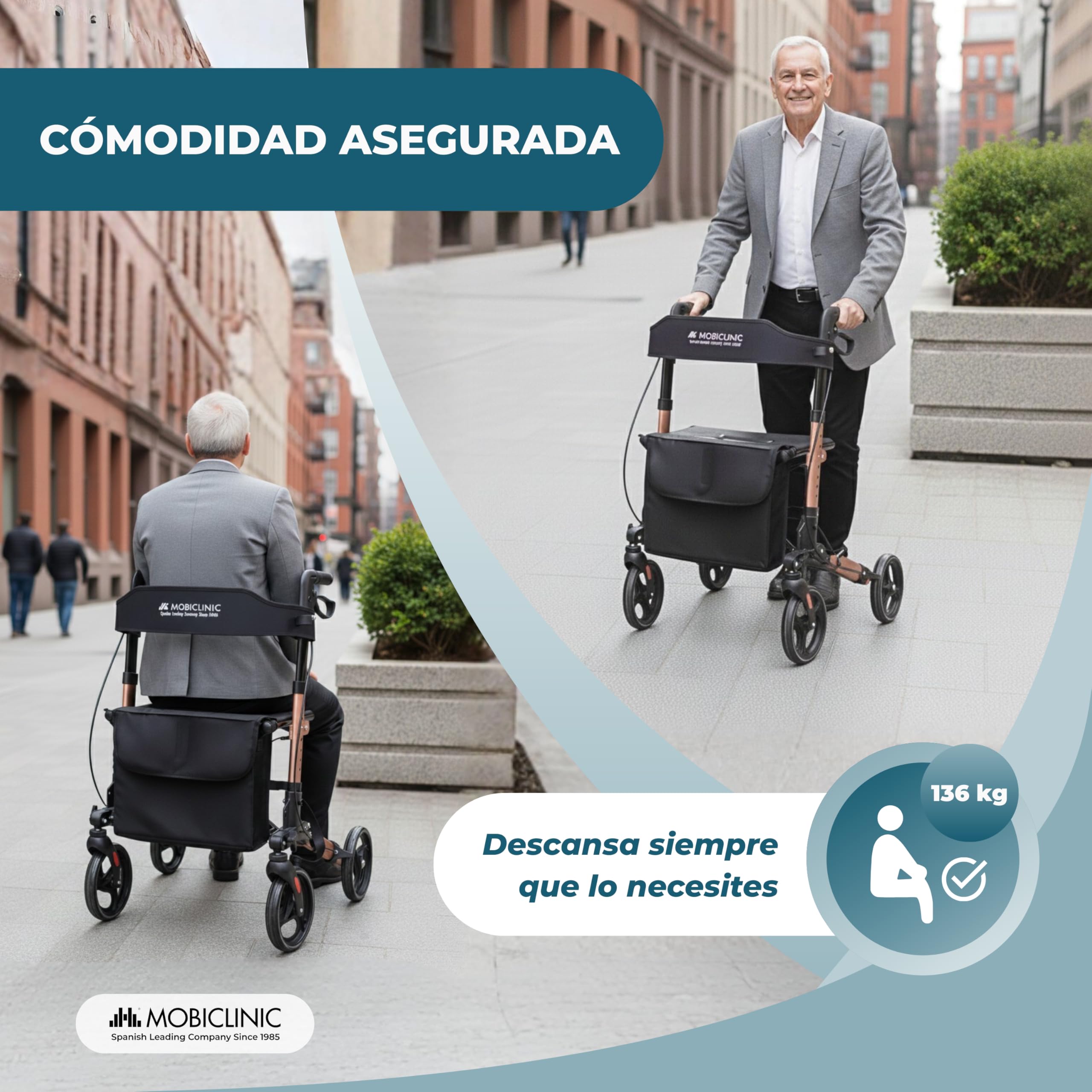Mobiclinic®, Andador Plegable, Asiento y Respaldo, Hasta 136 kg, Oro Rosado, Altura regulable, Cesta Portaobjetos, Soporte para Bastón, Frenos y Bloqueo de Seguridad, Aluminio, Trajano
