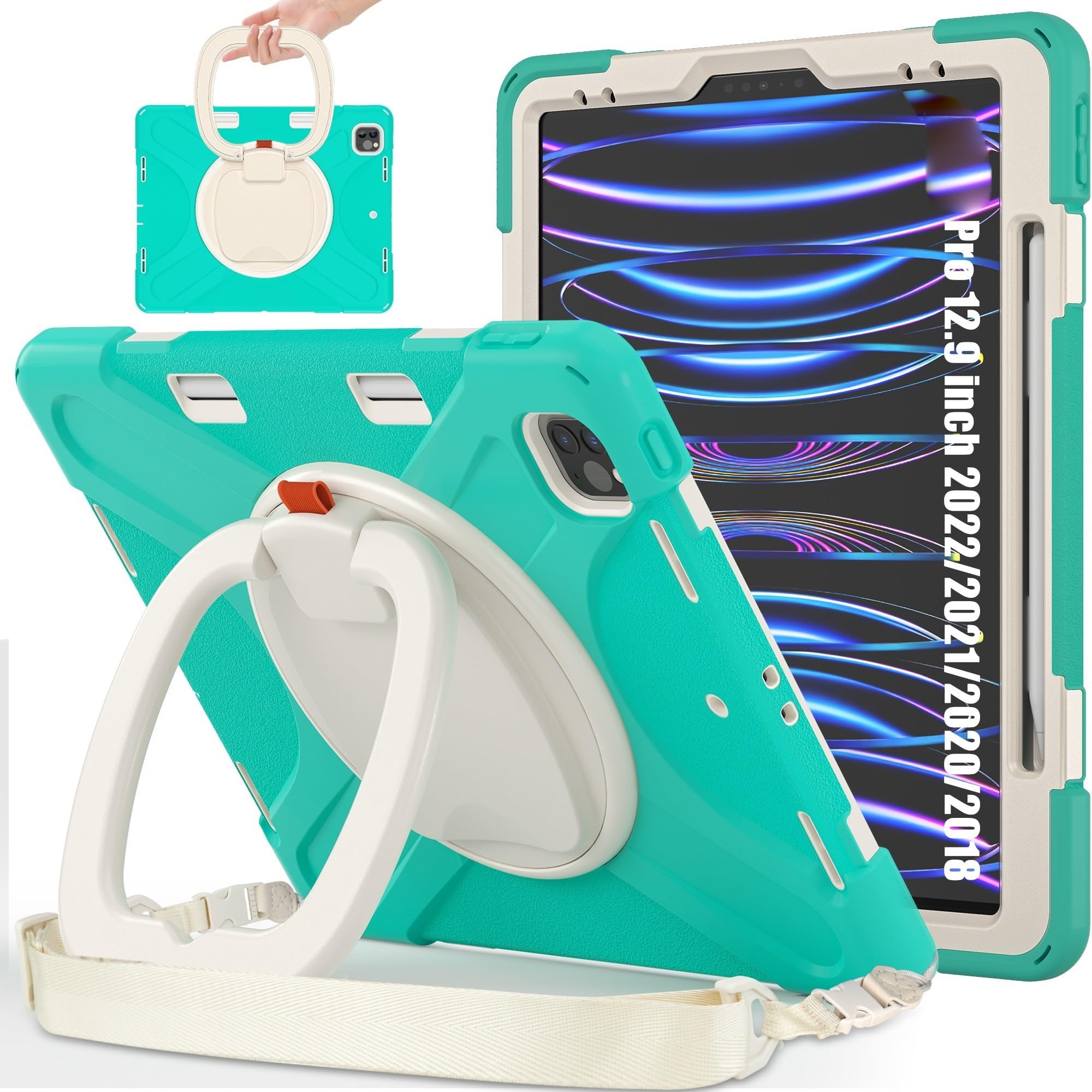 Custodia per tablet Custodia in TPU resistente agli urti compatibile con iPad Pro 12.9（2020/2018）, tracolla con impugnatura girevole, copertura protettiva anticaduta antiurto Tavoletta Casa(GREEN-A)