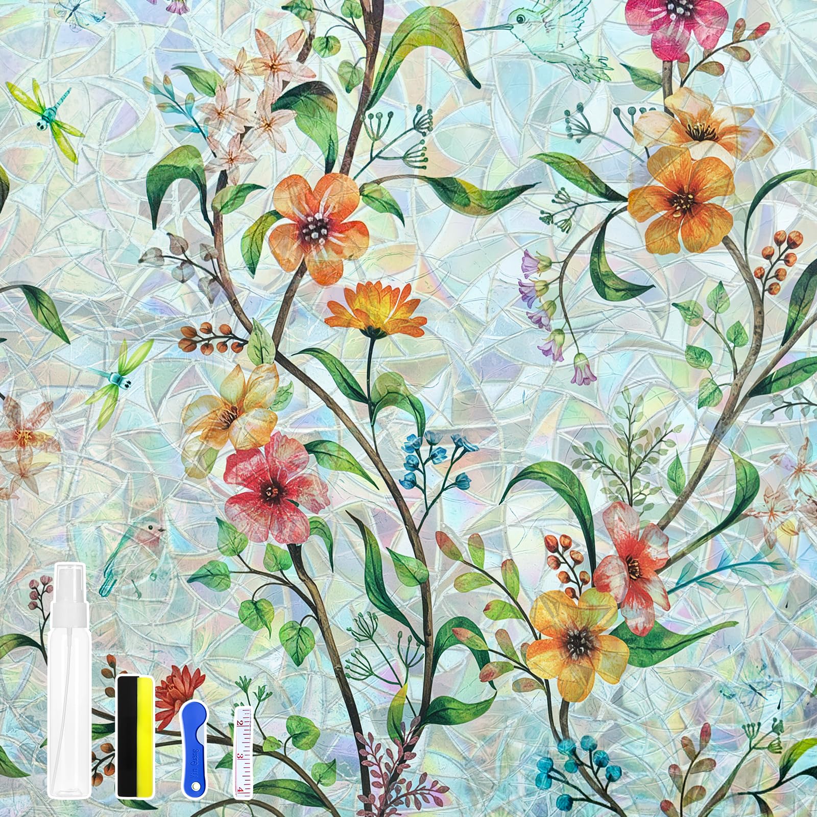 OFHome Fensterfolie Blickdicht von Aussen, Statische Haftend Sichtschutzfolie, Selbsthaftend Sonnenschutz Bunt, Regenbogeneffekt Folie mit Blumen, Dekofolie für Wohnzimmer Küche Büro, 90x200cm