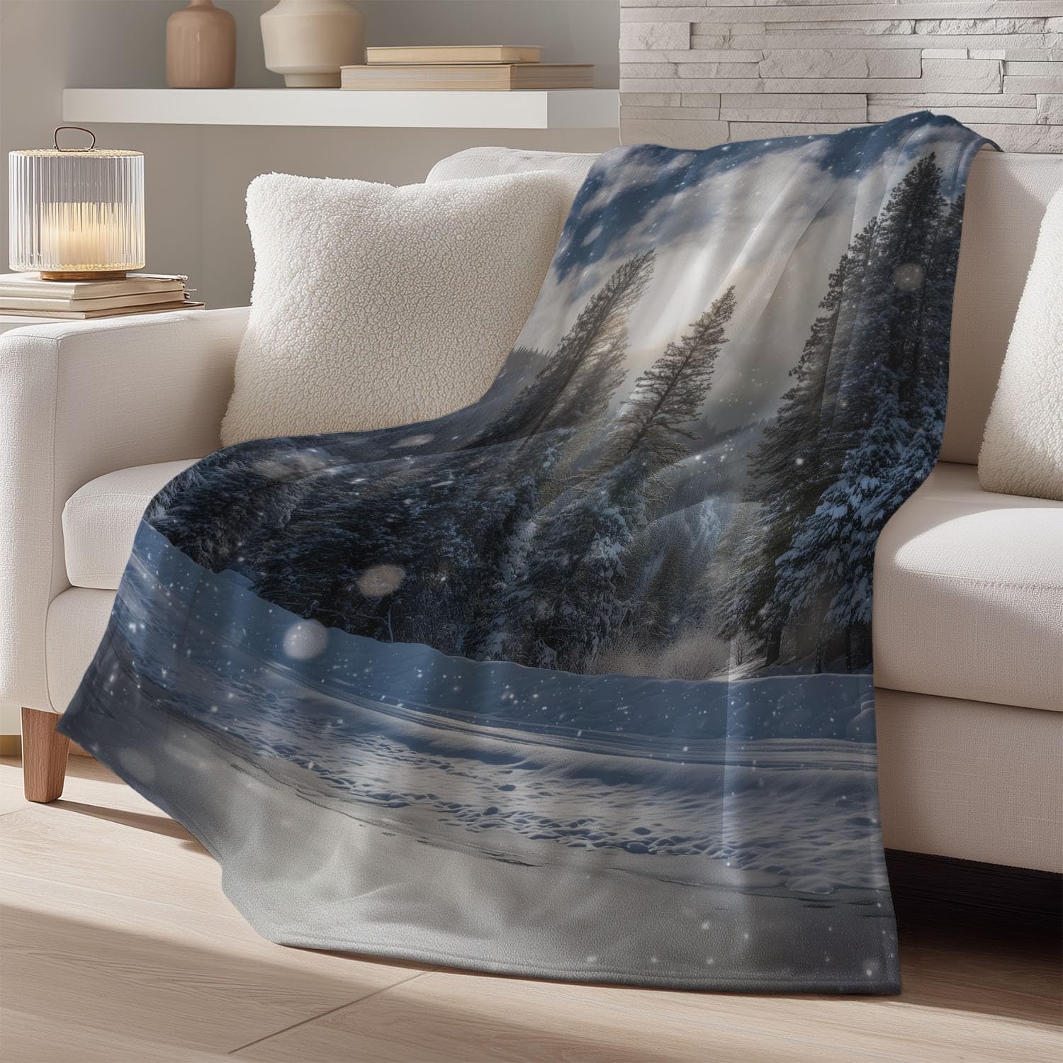 Générique Szaro-niebieski koc flanelowy z motywem eterycznego lasu ze sceną leśną, przytulny koc flanelowy, 180 cm x 200 cm, na łóżko, sofę, wystrój pokoju dziecięcego