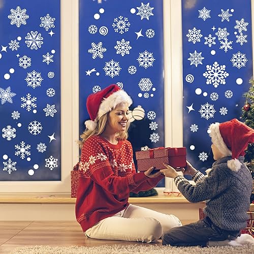Miniatura 7 de JMANNI Copos de nieve para ventana, 10 hojas de calcomanías de Navidad, decoración de copos de nieve para puertas, ventanas de tiendas, frentes de