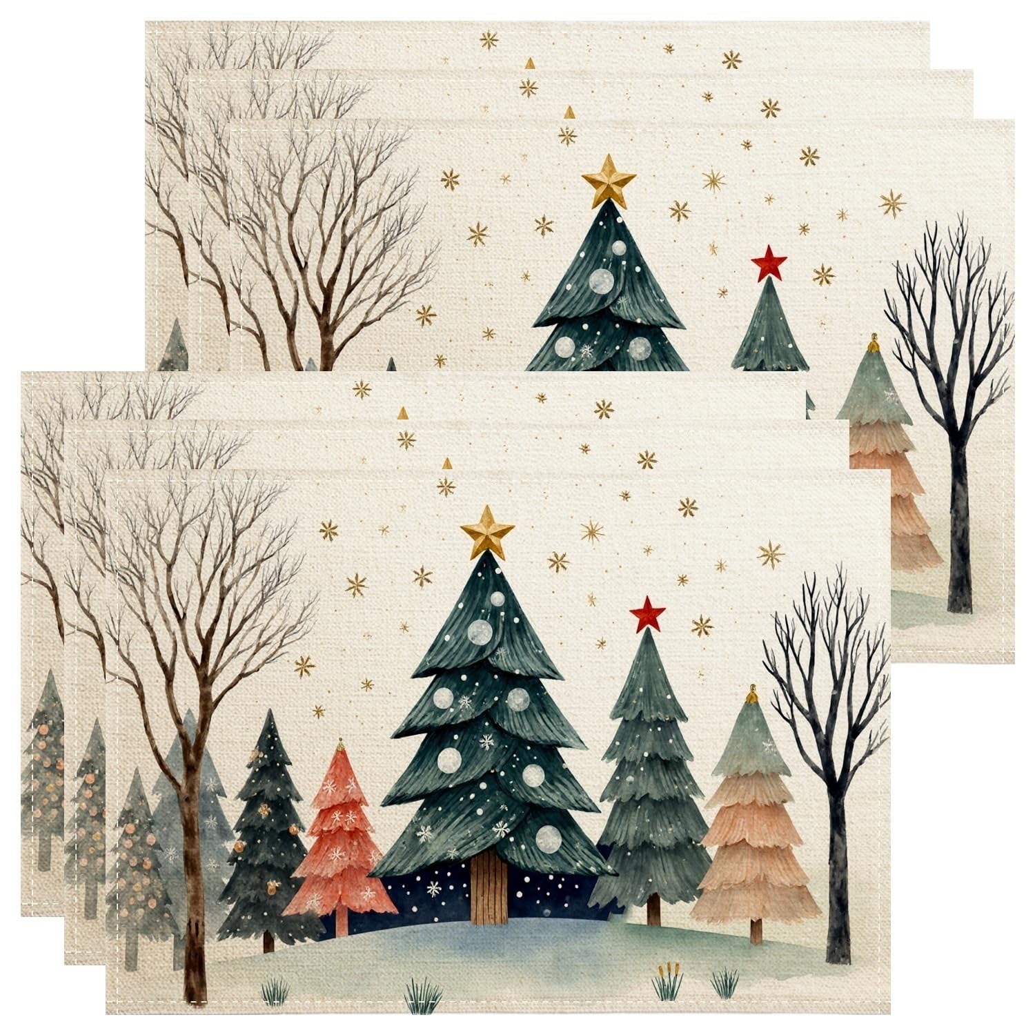 Christmas Tree Placemats, Watercolor Winter Place Mats for Dining Table, Holiday Non-Slip Washable Indoor Outdoor Kitchen Party Decorative Placemat Set of 6