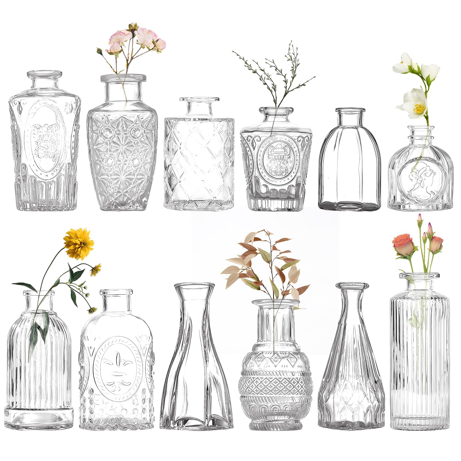 Focenat 12 Mini Jarrones de Cristal, Jarrones para Flores, Decorativos Vintage, Jarrones Decorativos, Botellas de Cristal para Decoración Mesa Boda, Decoración del Hogar Salón