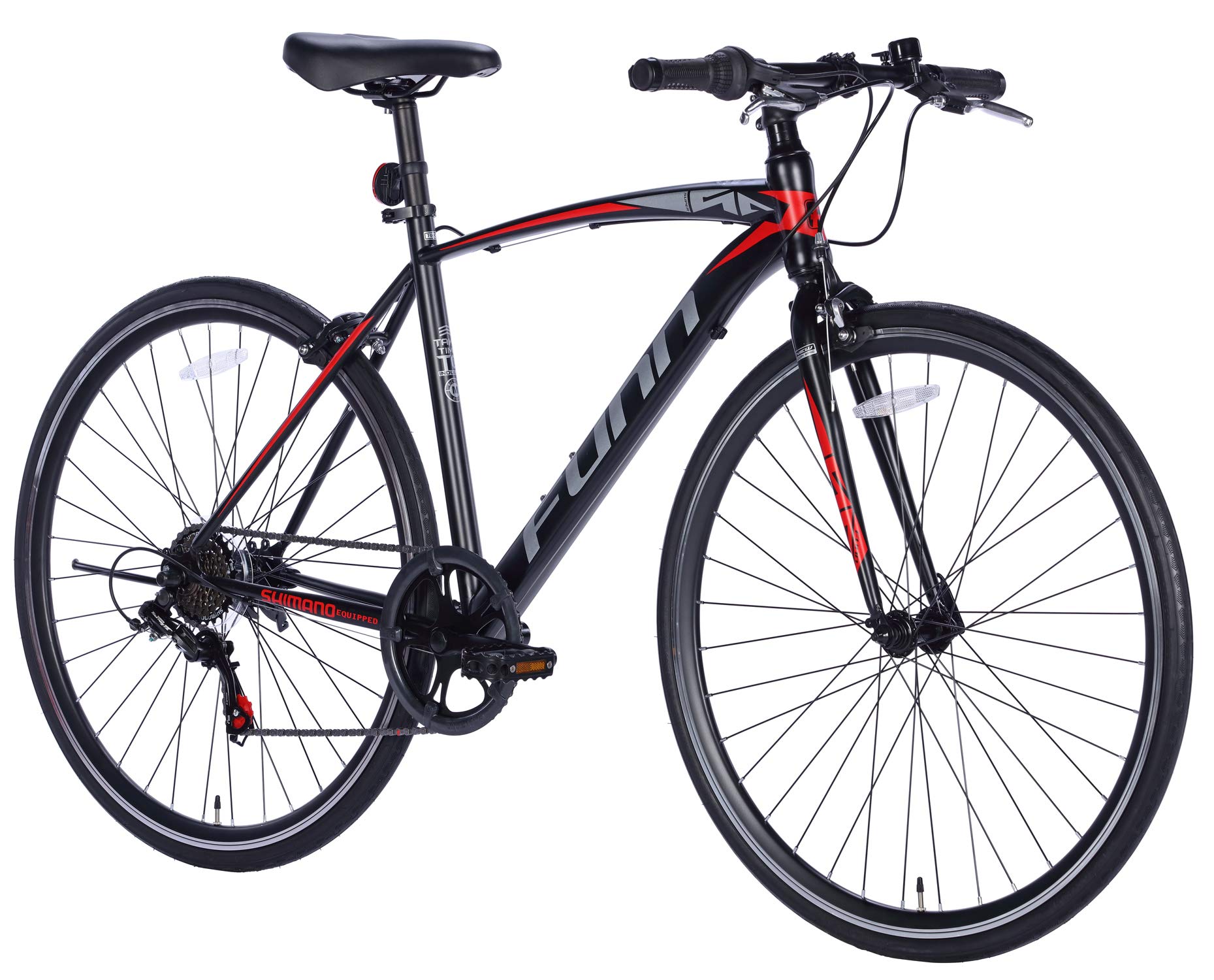 21Technology Bicycle Cross Bike GT100 700x28c Tire, Shimano 6-Speed Gear, Levoshifter, Flat Handlebar, Front and Rear Caliper Brake matte black red