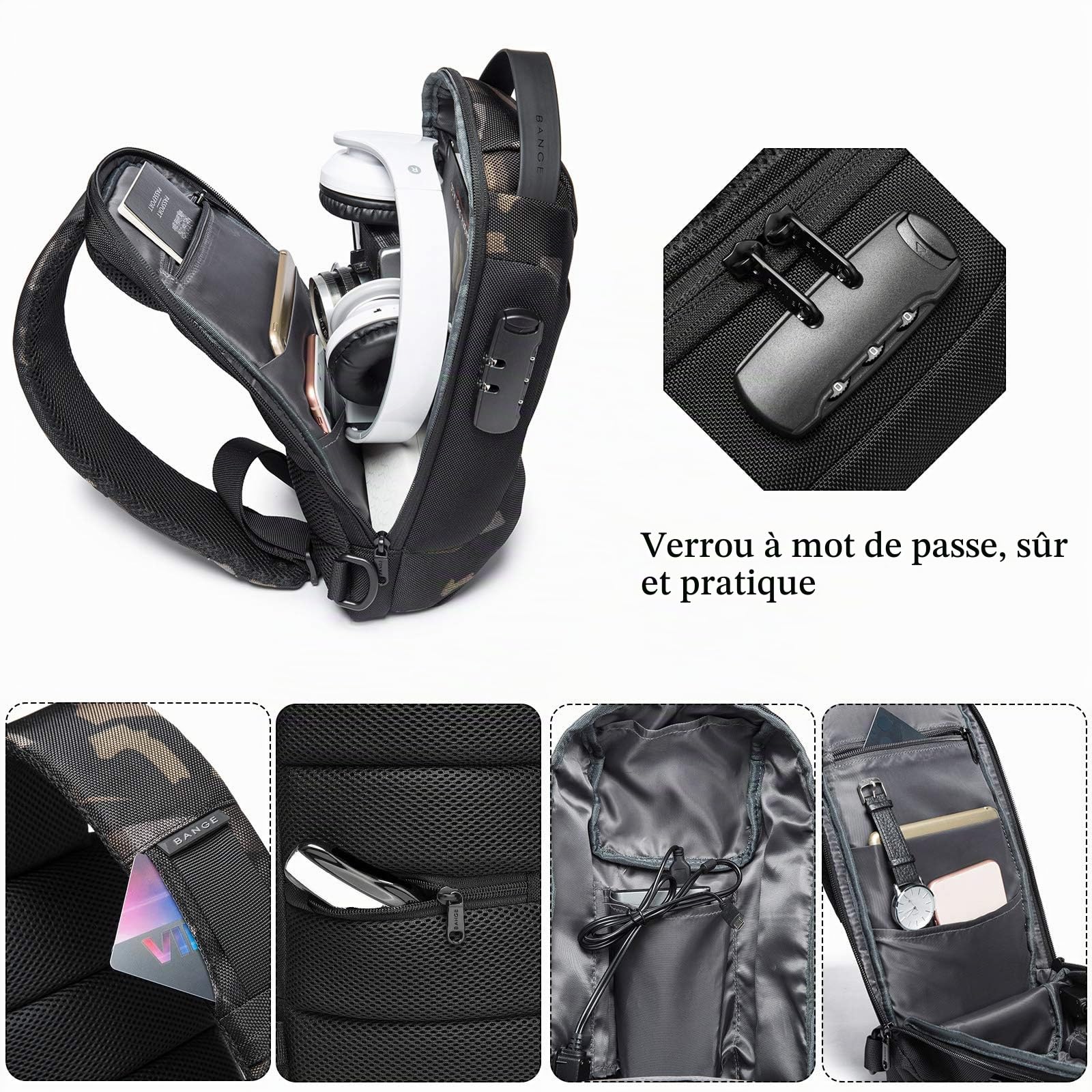 FANDARE Sac de Poitrine Sling Crossbody Bag avec USB Homme Femme Affaires Sacoche Grande Sac d'Epaule Garçon Sacoche de Ceinture Sac Bandoulière pour Voyage Randonnée Cyclisme Jogging Durable