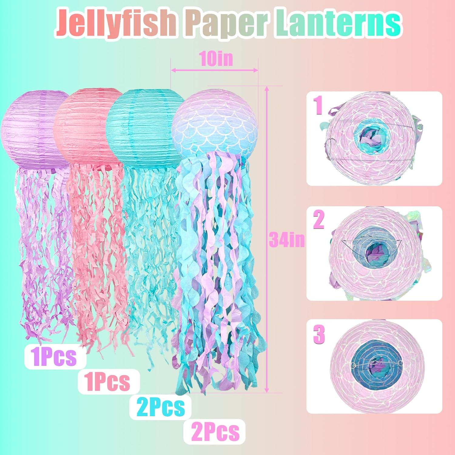 Blue Pink Purple Hanging Jelly Fish Paper Lanterns, Gradient Colorful Paper Lanterns for Mermaid Theme Party, Under The Sea Birthday Ocean Theme Baby Shower Decoration Jellyfish Rome Decor, 6pcs