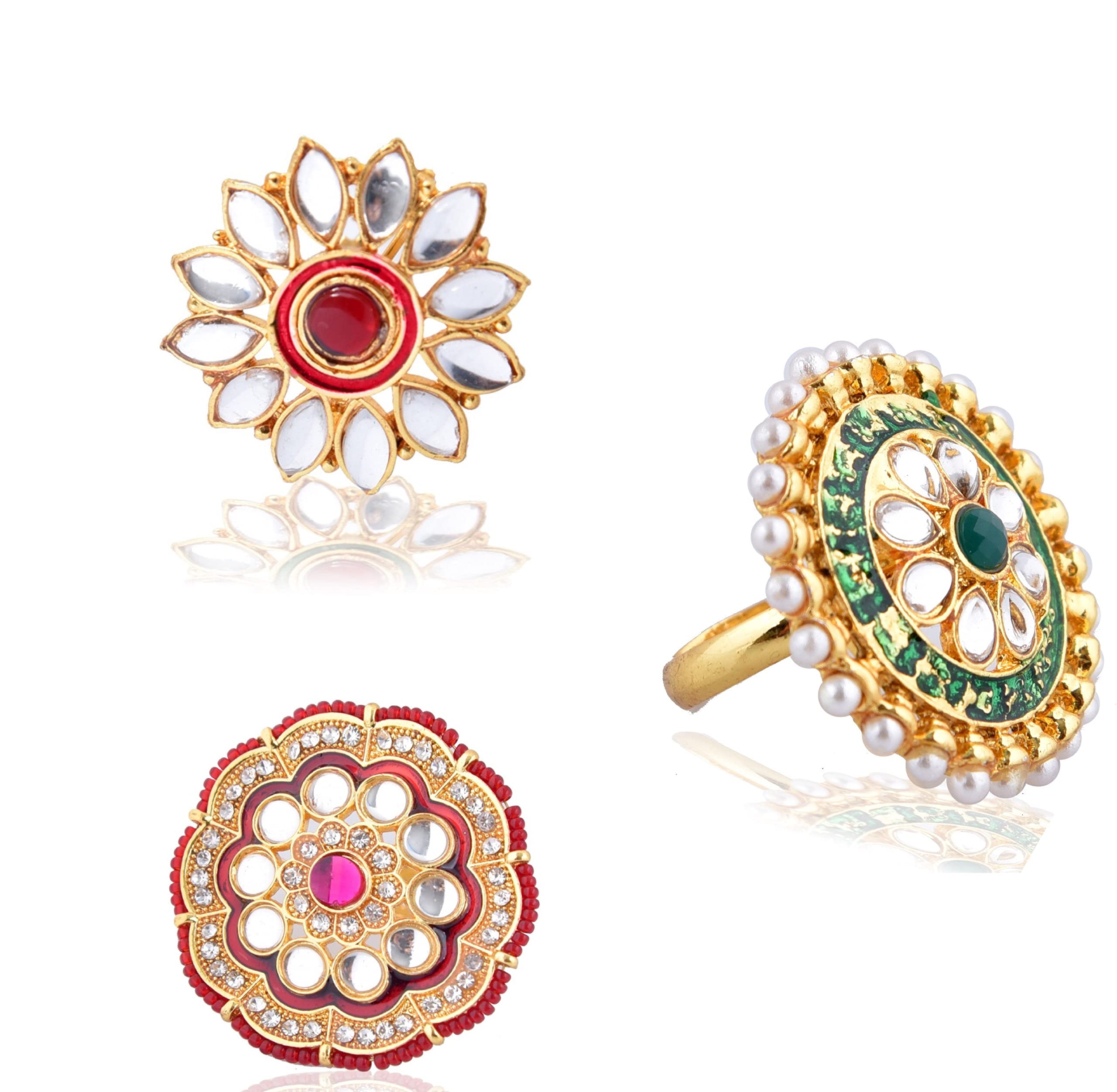 SheCARIO Gold Plated Meenakari Kundan Ring | Adjustable Big Finger Ring | Traditional Studded Ring For Women and Girls - Set of 3 (B0BDKTMY2X) Amazon Price History, Amazon Price Tracker