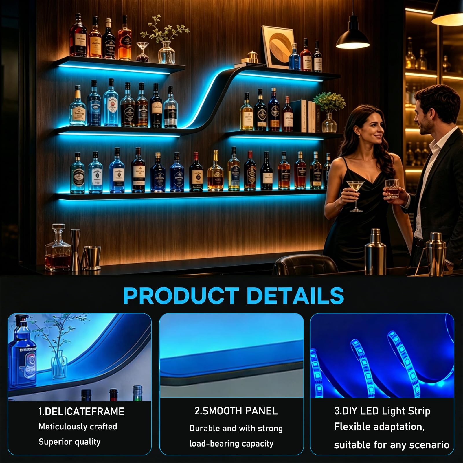 120cm Portabottiglie da parete con luci LED, espositore per bottiglie di liquori, mensole da bar in metallo a 3 ripiani, ideale per bar, caffetterie e ristoranti