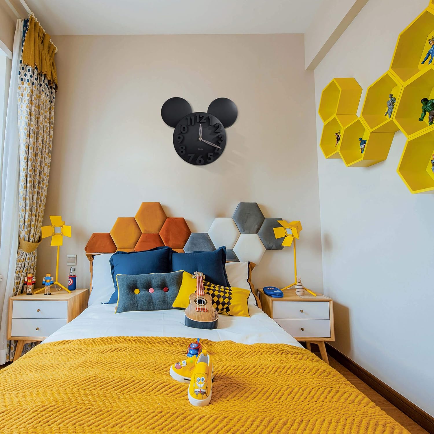 Modern Mickey Mouse Wall Clock with Large 3D Numbers – Black | Silent Non-Ticking Quartz Movement, Lightweight Decorative Wall Clock for Bedroom, Kitchen & Office