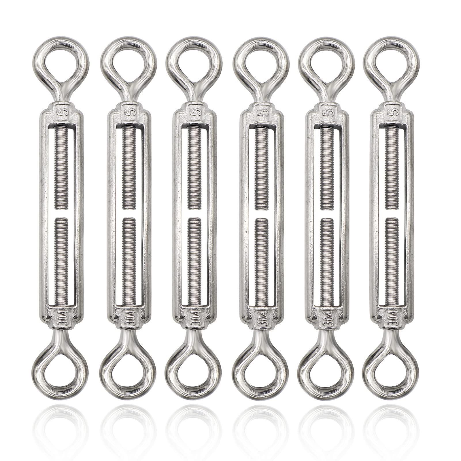 M5 Eye & Eye Turnbuckle, 304 Stainless Steel Turnbuckle Heavy Duty Wire Rope Tension 6 Pcs