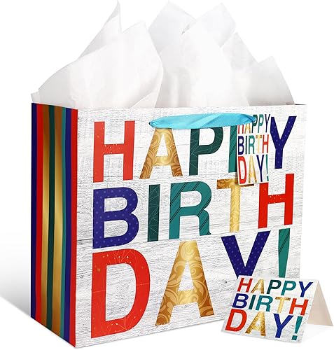 POPGIFTU Juego de bolsas de regalo de cumpleaños extra grandes de 16.5 pulgadas con tarjeta de felicitación, papel de seda y etiqueta, bolsas de