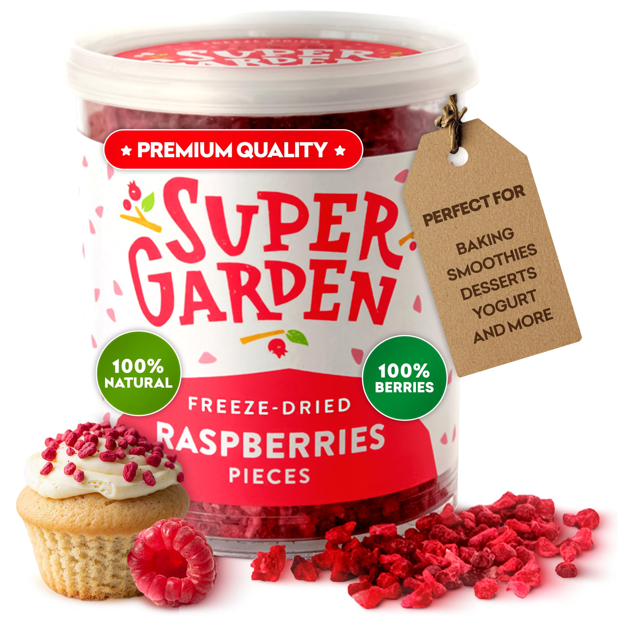 Super Garden Freeze Dried Raspberry Pieces - Natural Fruit Snack with Intense Flavour - No Added Sugar or Preservatives - Topping for Baking, Smoothies & Desserts - Long-Lasting Fresh Taste - 34g