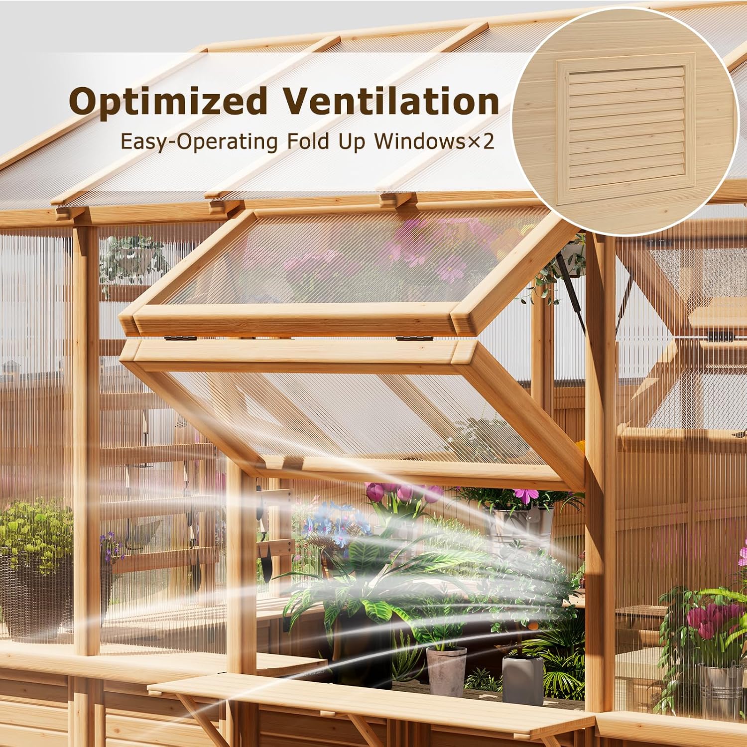 EROMMY 7x16 FT Spruce Wood Greenhouse with Pergola, Large Walk-in Polycarbonate Greenhouse Kit with Top-Hung Windows, Built-in Workstation and Staging Shelves for Backyard Garden