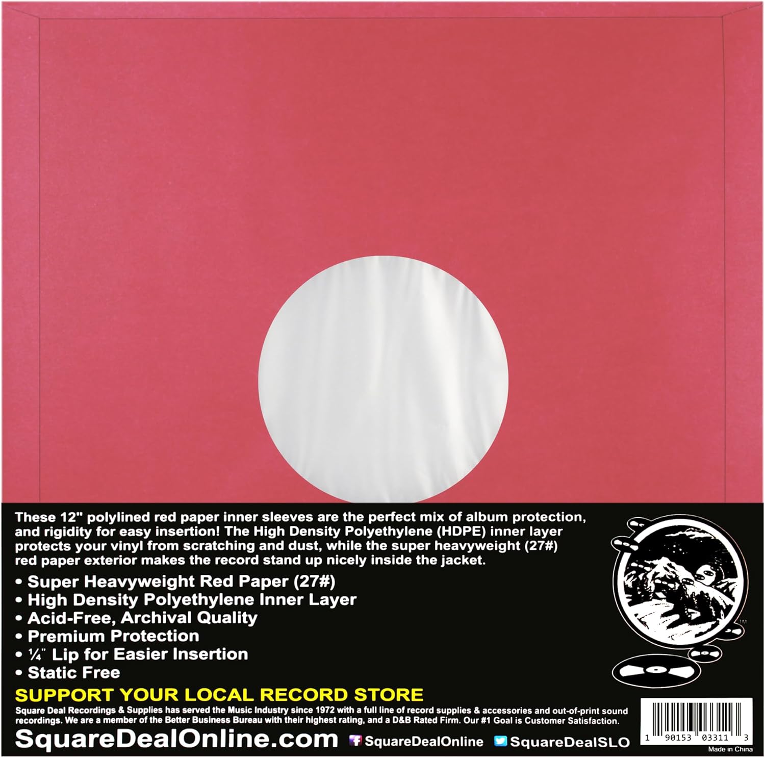12 Premium Red Polylined Record Inner Sleeves - Archival Quality, Heavyweight Paper & Plastic - 12IARE (100)