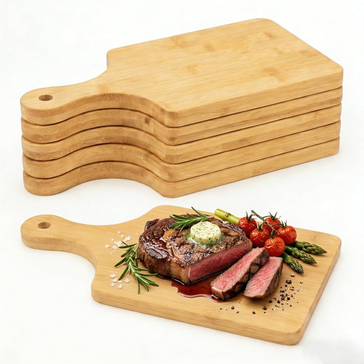6 Pcs Wood Cutting Board with Handle, 12x6 Inch Bamboo Cutting Board, Wood Kitchen Chopping Board, Serving Trays for Christmas Wedding Housewarming Gift