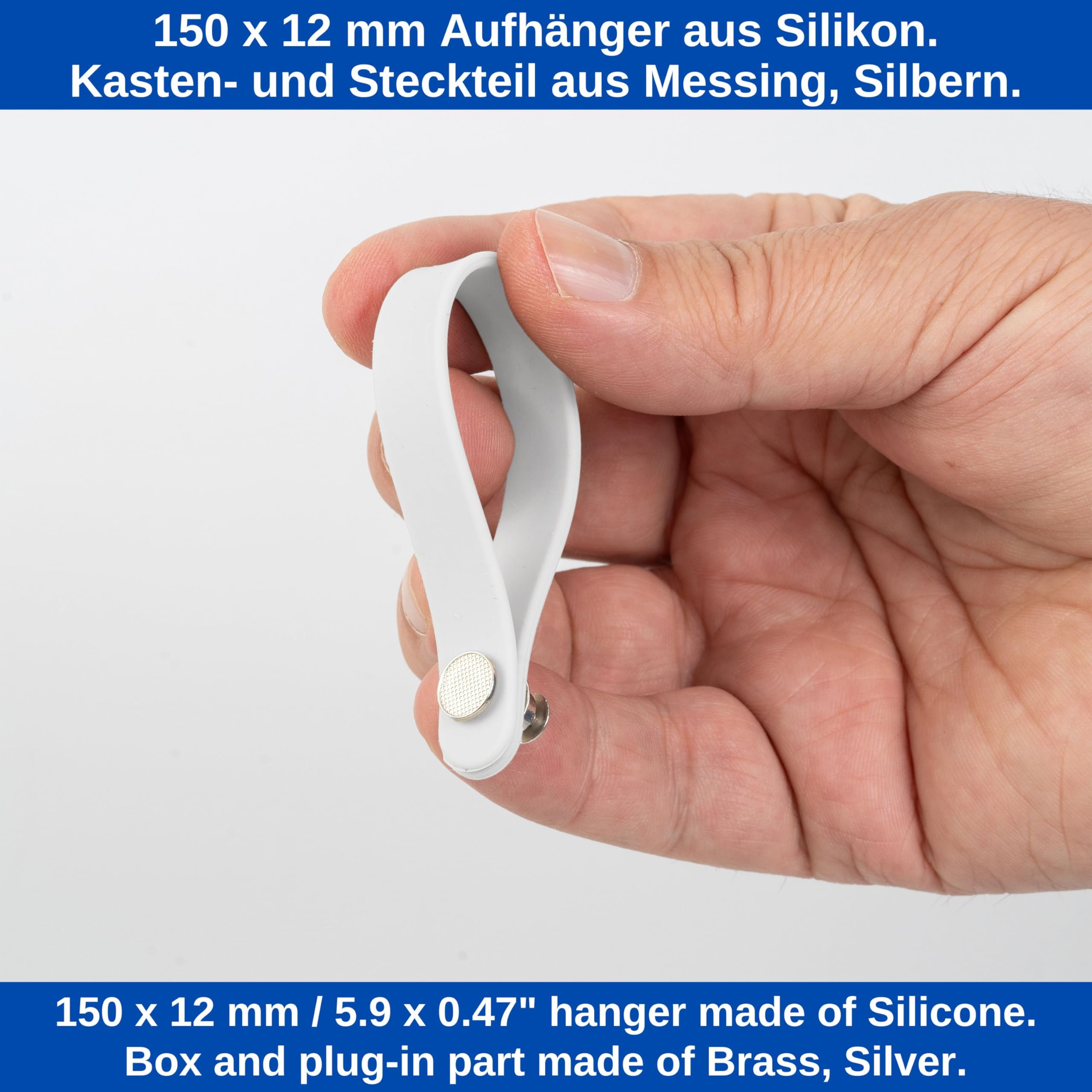 No-sew hangers for textiles 6 pack, 150 x 12 mm loops, in white, made of silicone, with pin and button fastening - Image 3