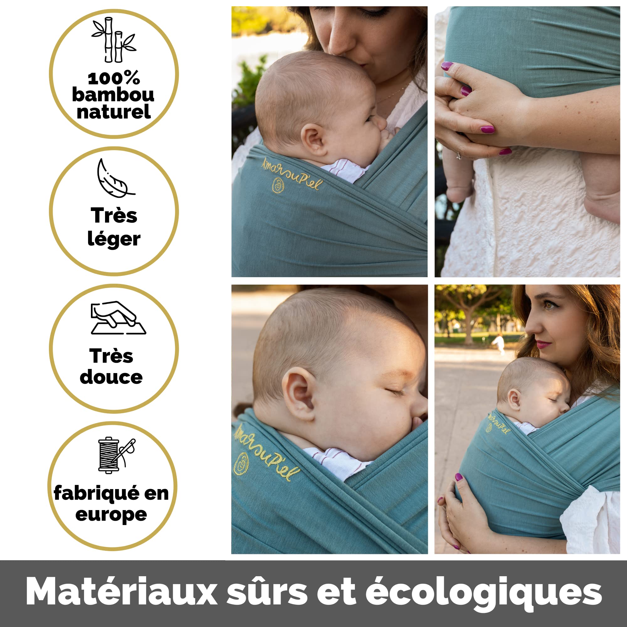 Amarsupiel | Écharpe de portage bébé en Bambou | Élastique | Facile à utiliser, polyvalent et ergonomique | Certifié OEKOTEX | Tissé fabriqué en Allemagne | Menthe