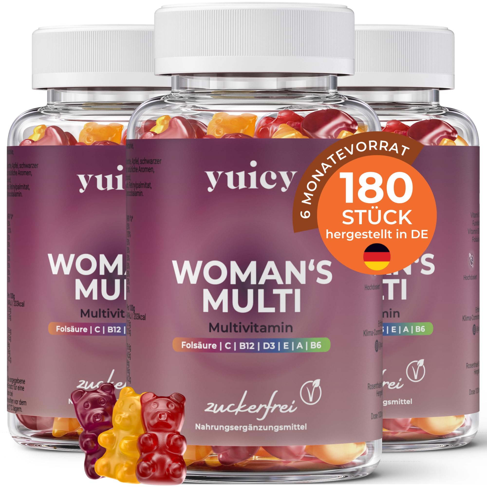 YUICY Nahrungsergänzungsmittel für Frauen – Multivitamin Komplex – Extrem Leckere Multivitamin Gummies – Vegane Frauen Vitamine – Zuckerfreie Multi Vitamine – Woman's Multi 180 Stück