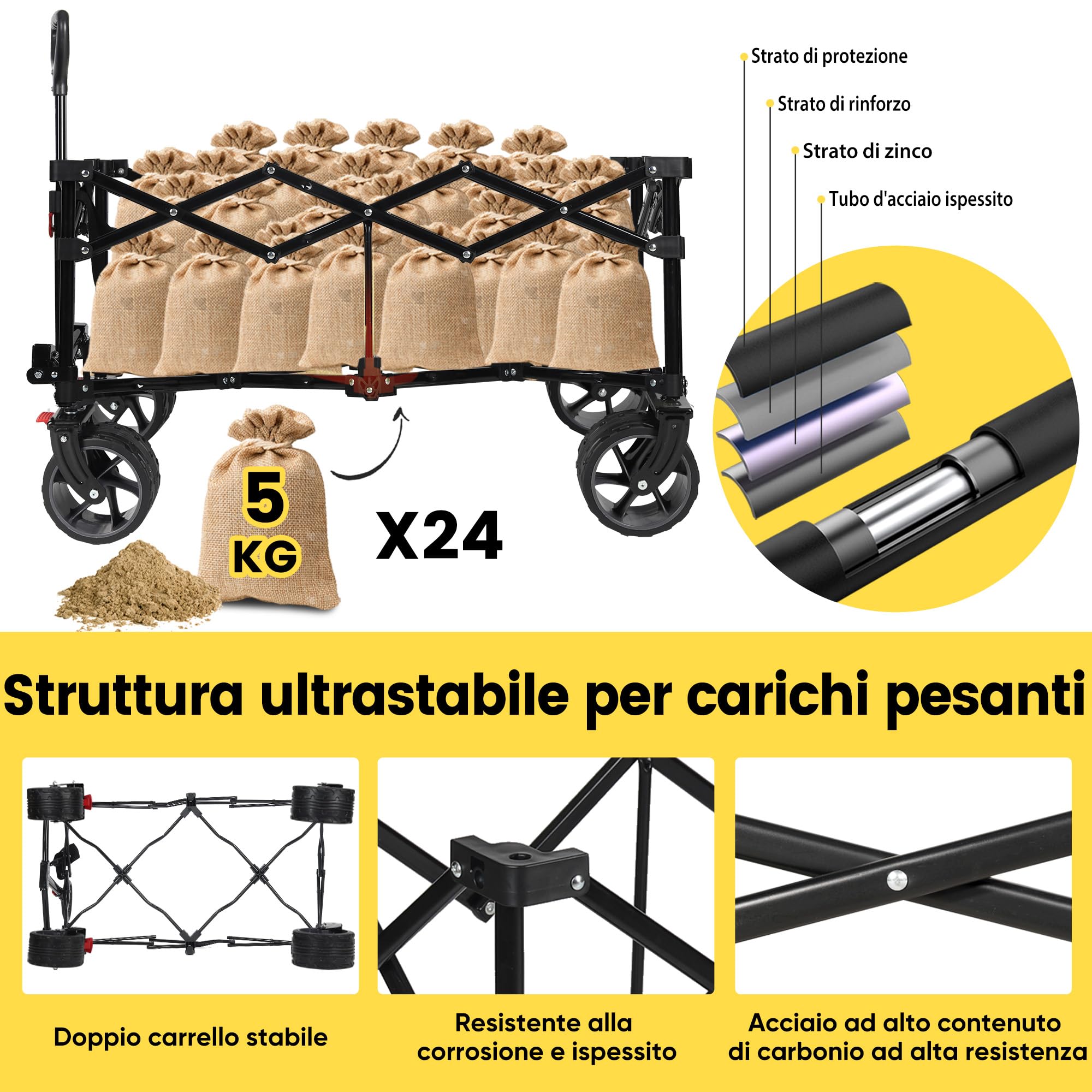 Sekey Carrello XXL pieghevole con freni, 150 l, 150 kg, pneumatici larghi per tutti i terreni, brevettato, pieghevole in 4 direzioni, non richiede montaggio, XXL 4020, grigio
