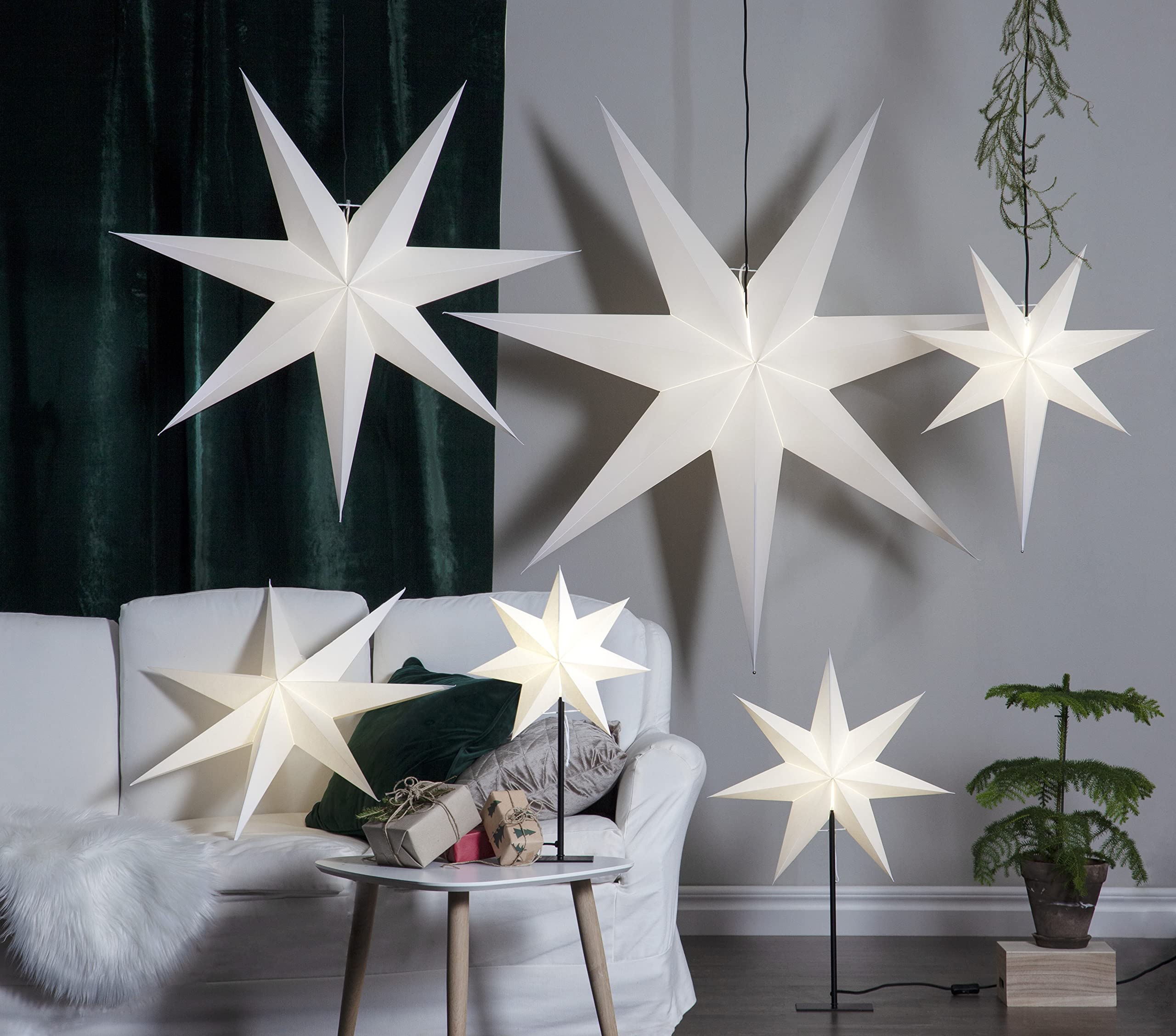 EGLO Tischlampe mit Weihnachtsstern 3D Dekostern | beleuchtet aus Papier mit Metall-Sockel, Tischleuchte Weihnachten in schwarz und weiß mit Kabel, E14 Fassung, 55 cm