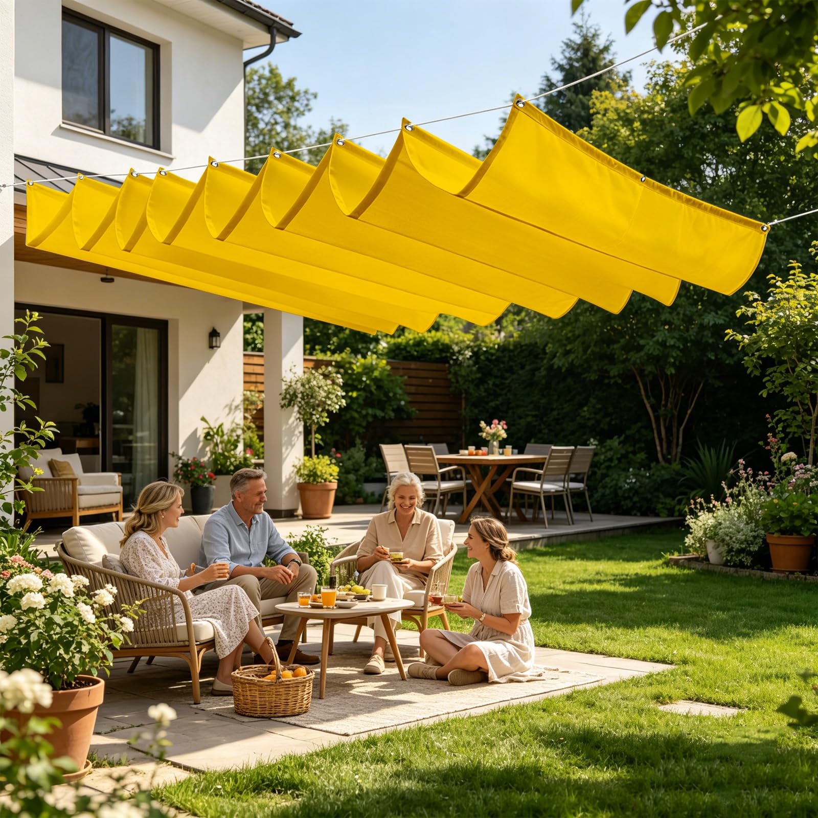 Einziehbare Welle Sonnensegel 3 x 3.5 m Pergola, Wasserabweisend Einziehbar Welle Überdachung, Uv-Schutz 50+, Wetterfest, Sonnenschutz für Garten Pergola Balkon Terrasse, Gelb