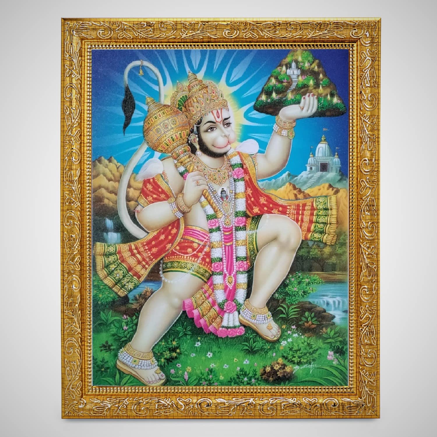Impression Hanumanji avec pahad cadre à suspendre photo élégante murale salon 27x33 cm