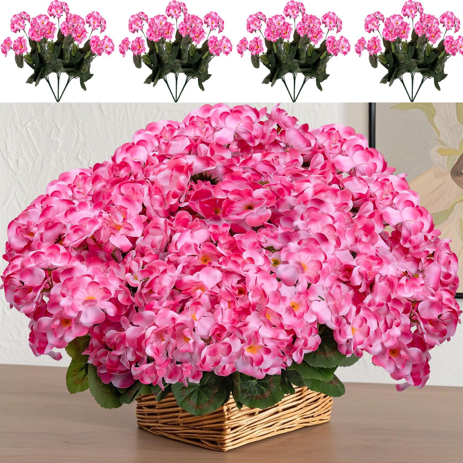 6PCS Artificial Geraniums Outdoor Flowers, Faux Pink Geraniums Artificial Flowers Plants Outdoor UV Resistant Plants, Realistic Silk Flowers for Cemetery, Front Porch Decor, Table Centerpiece - Image 9