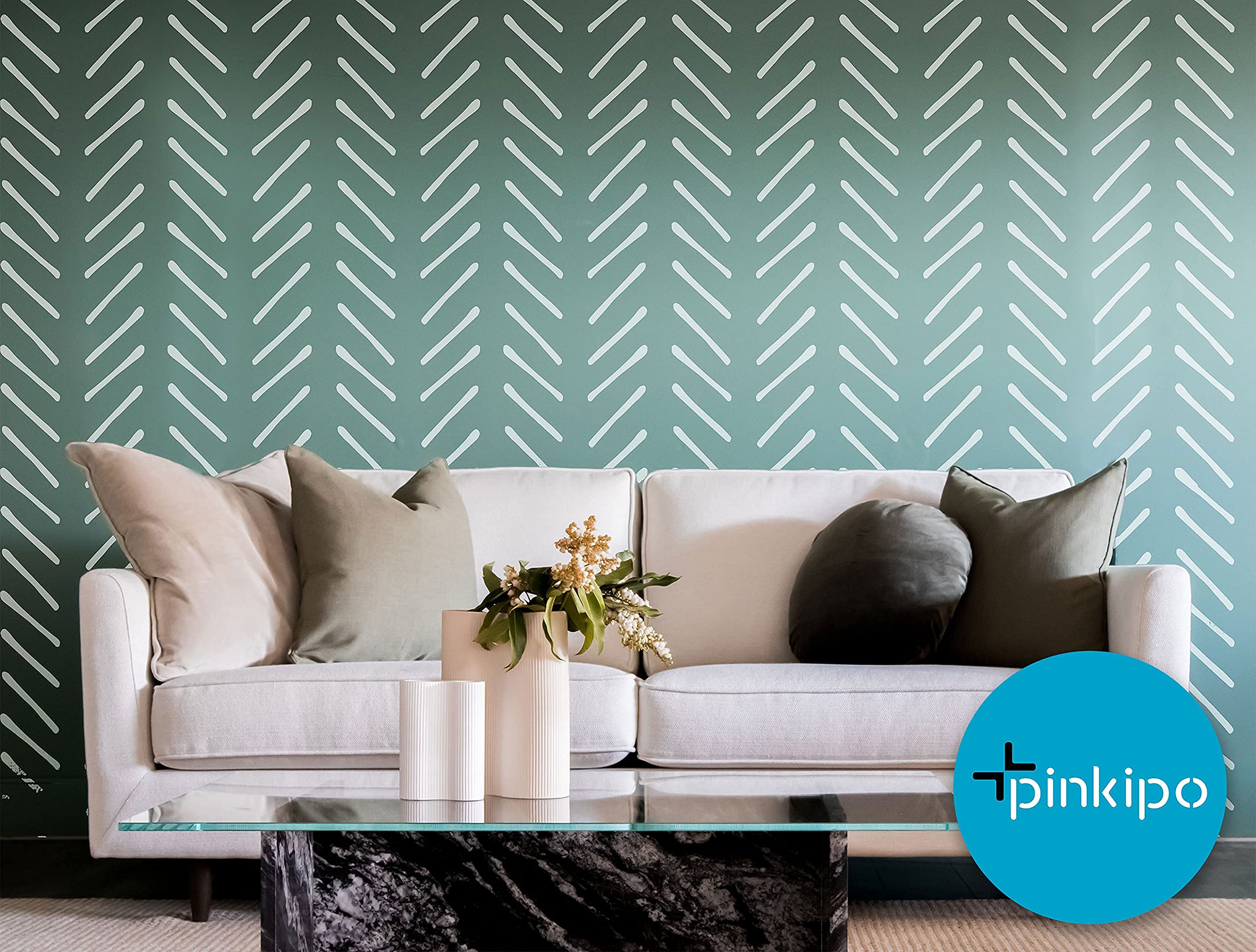 PINKIPO , HandDrawn Herringbone, (16"x40") XL Stencil, Large Wall