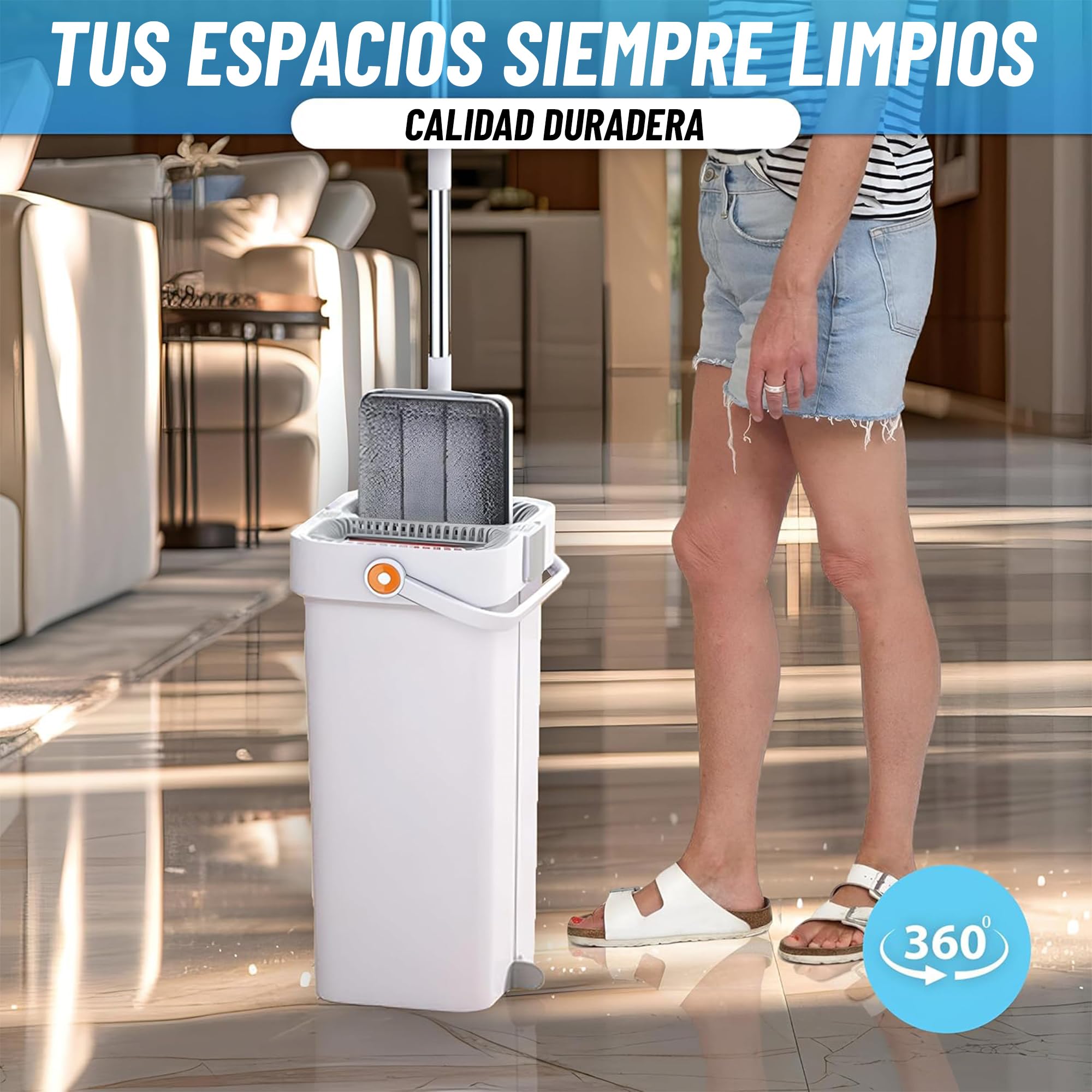 Mopas de Limpieza Suelos con Cabezal XL 360°, Mopa para Limpiar Azulejos y Paredes, Fregona Autoescurrible, Cubo Escurridor Doble Compartimento, Mopa Microfibra Antideslizante